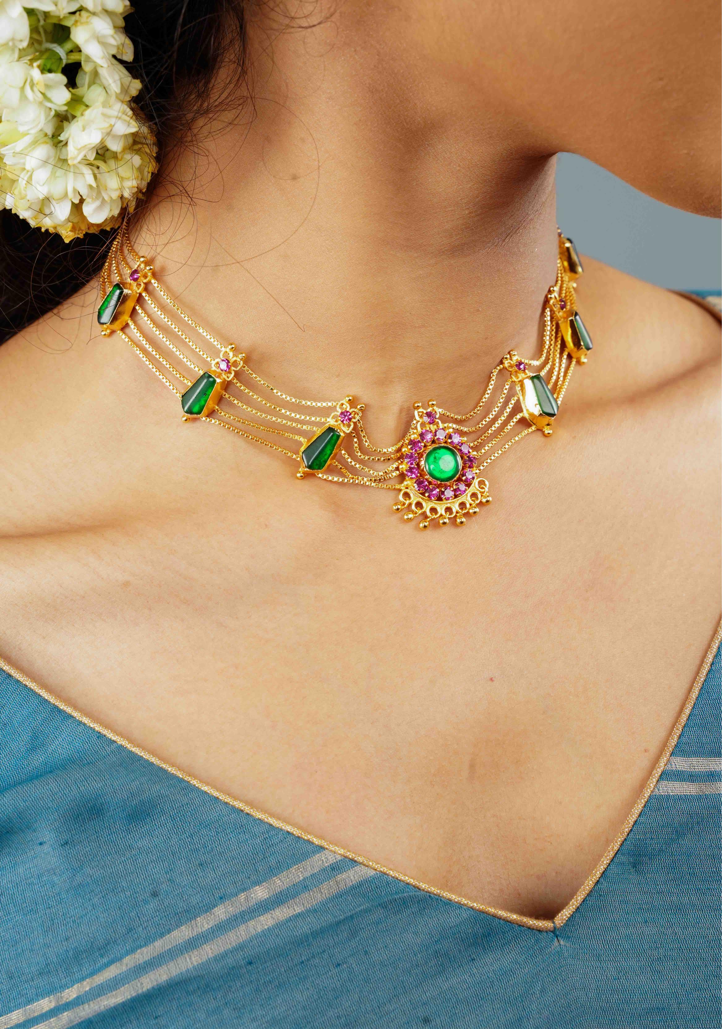 Gold tone kerala style pink-green nagapadam choker combo necklace set | Shobitam