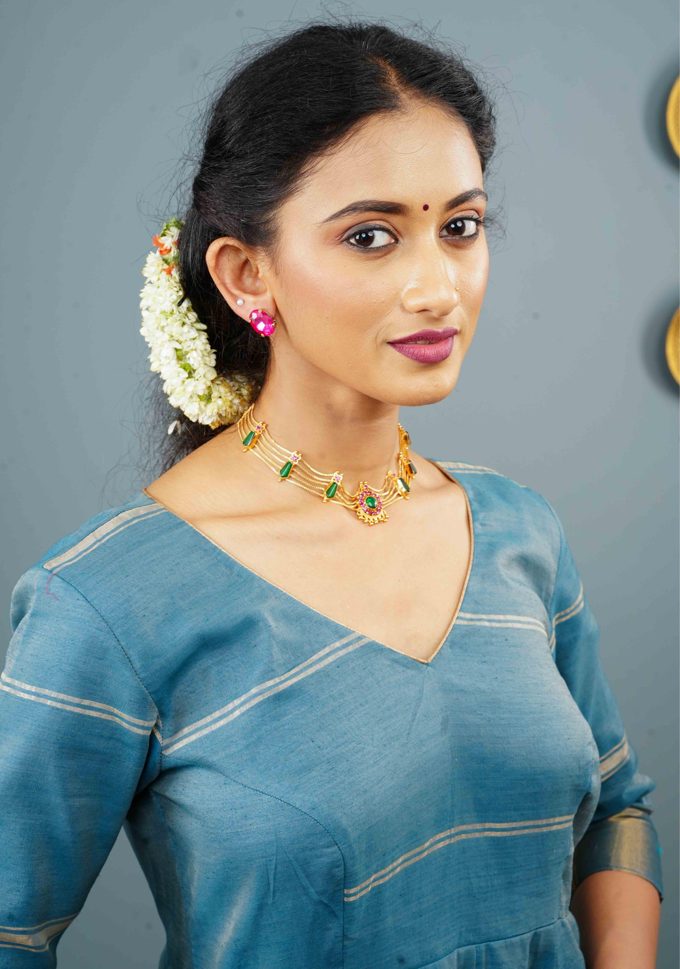 Gold tone kerala style pink-green nagapadam choker combo necklace set | Shobitam
