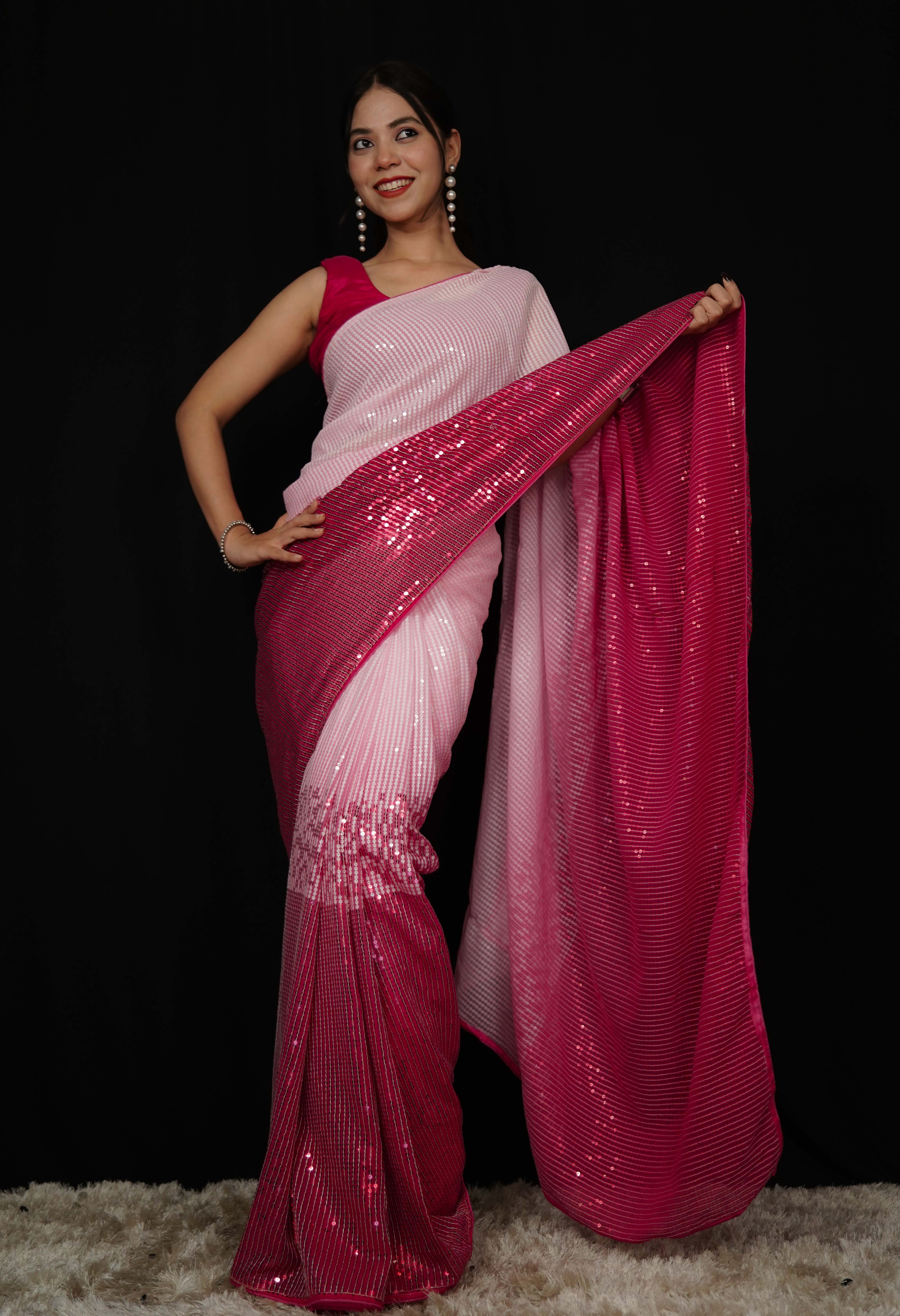 Kajol Styled Celebrity look Pink Sequins All over Work Georgette Wrap in 1 minute saree