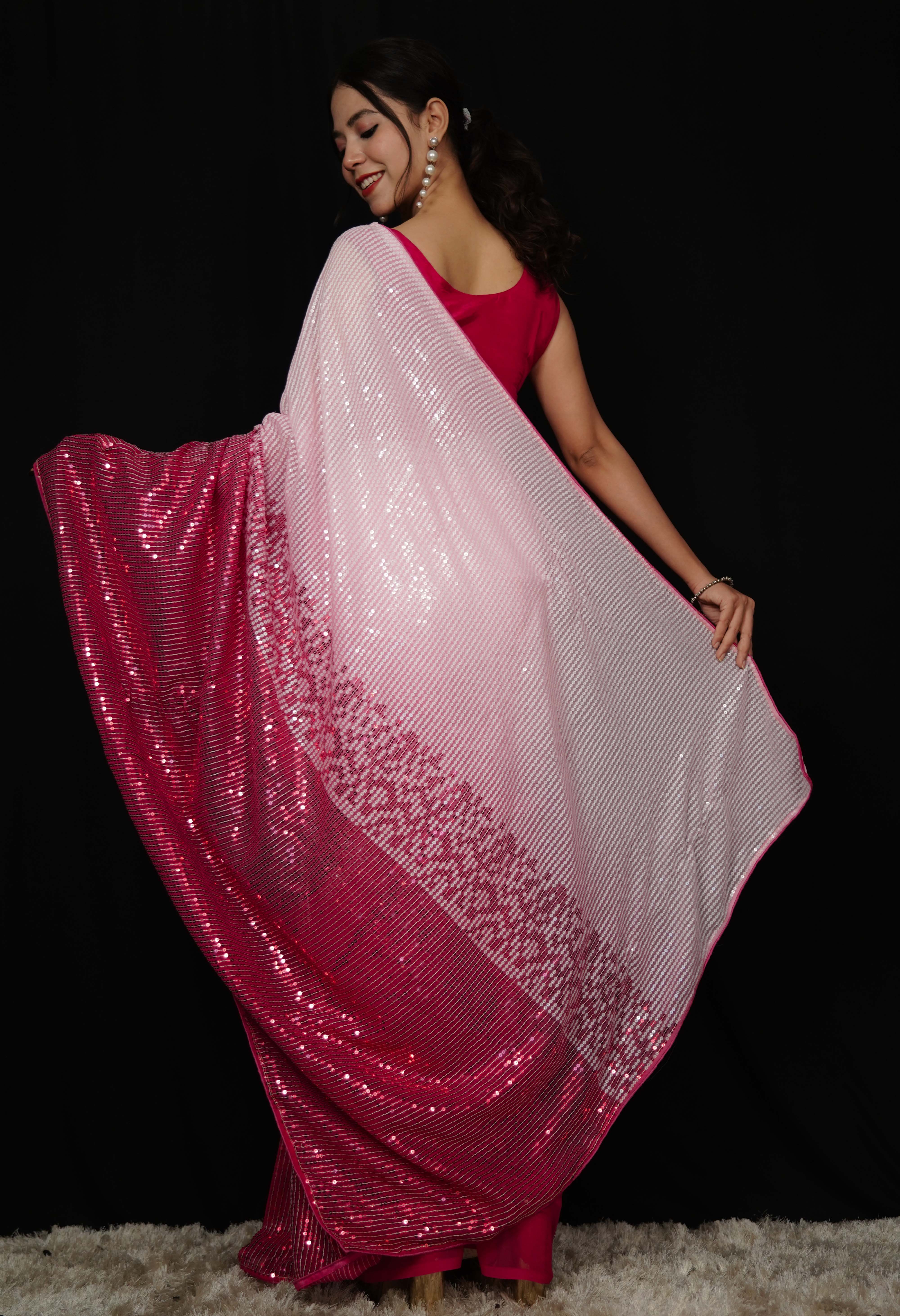 Kajol Styled Celebrity look Pink Sequins All over Work Georgette Wrap in 1 minute saree