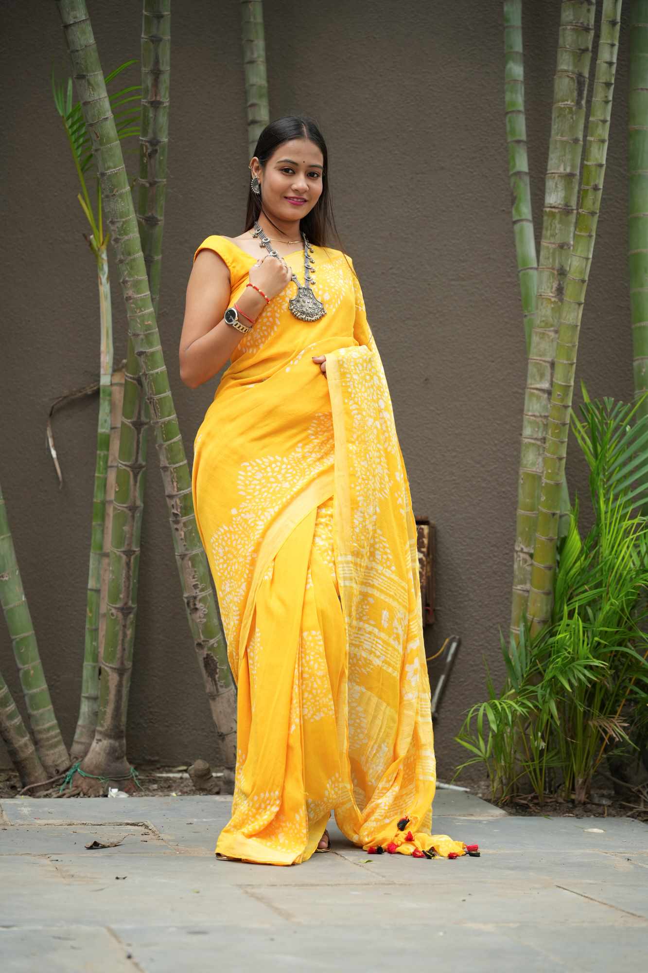 Yellow Jaipuri Print Linen Cotton Ready to Wear Saree