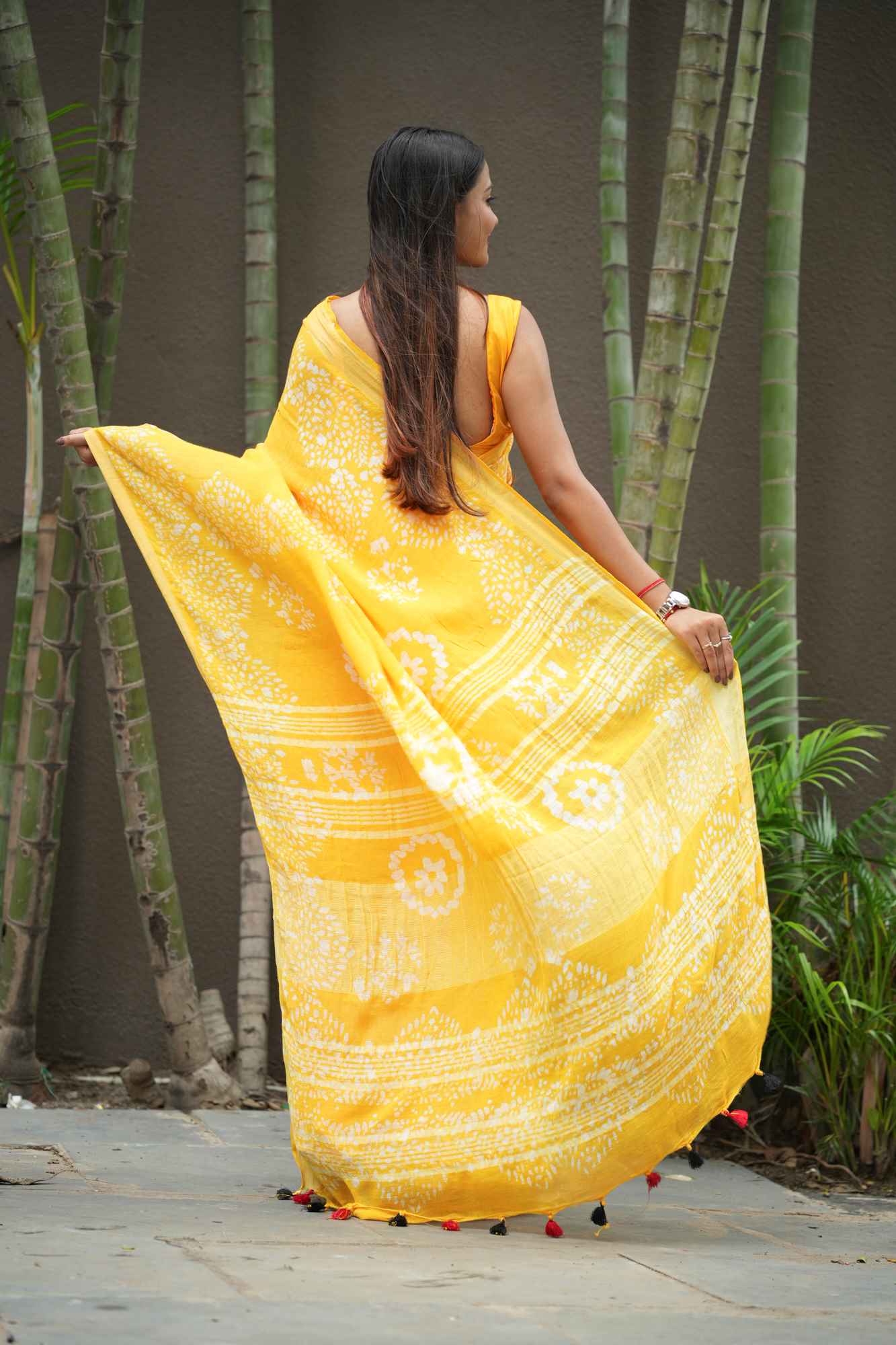 Yellow Jaipuri Print Linen Cotton Ready to Wear Saree