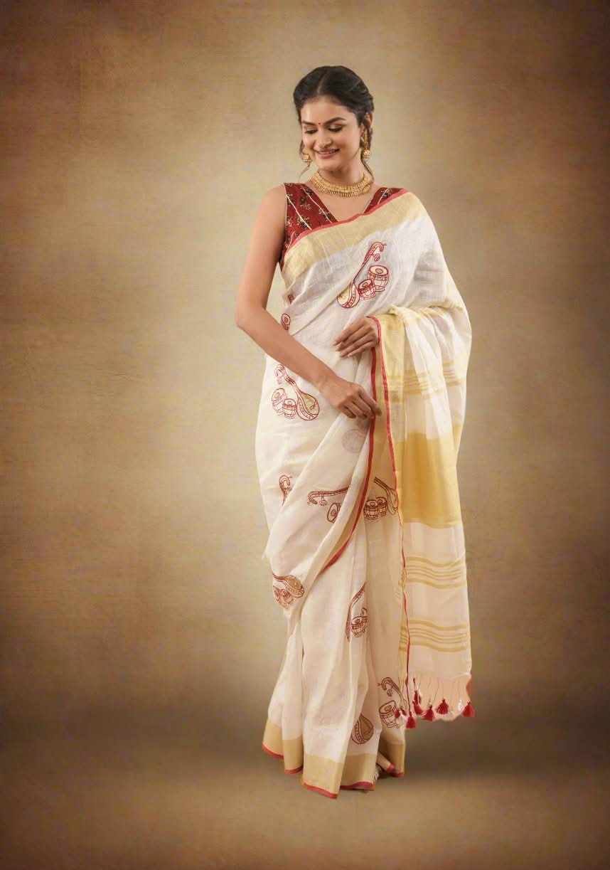 Linen by Linen Saree in White with Musical instruments embroidery motifs | Shobitam