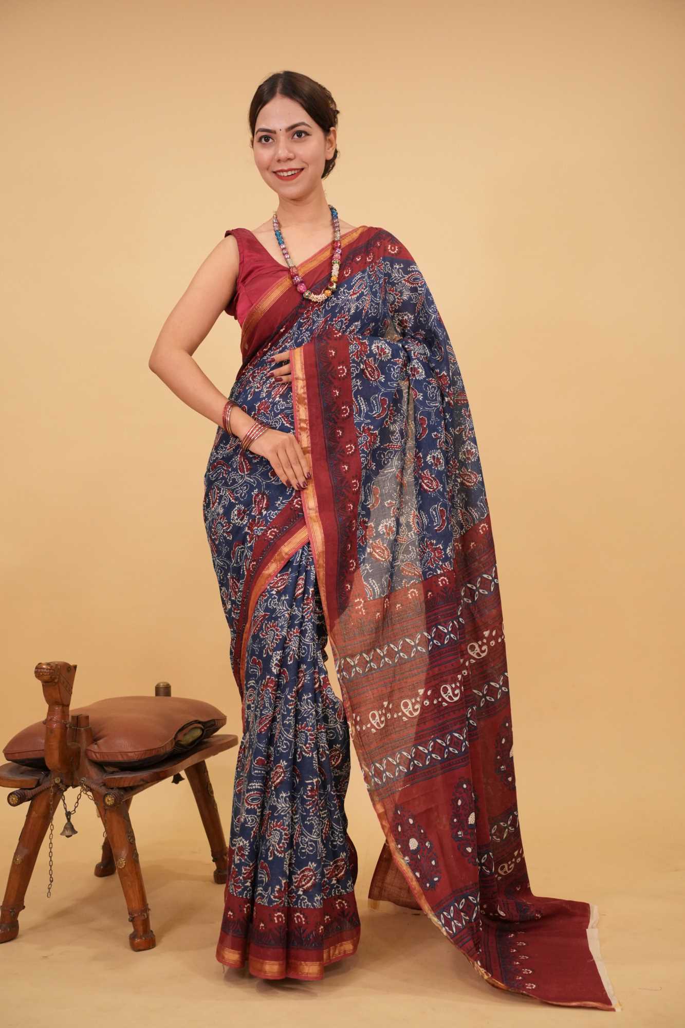 Ready to wear Blue & Red Block Printed Mul Mul Cotton With Zari Border Wrap In One Minute Saree