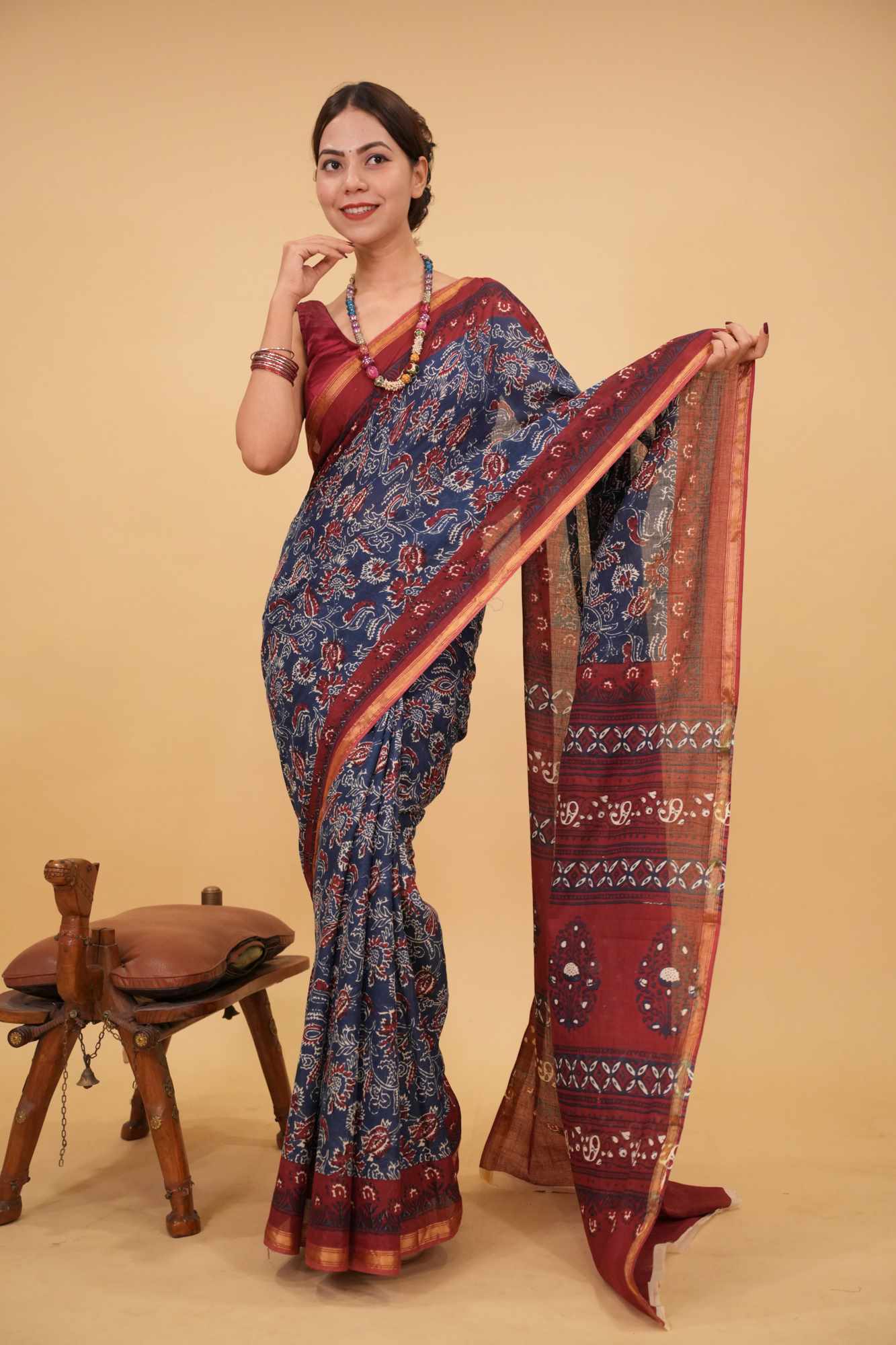 Ready to wear Blue & Red Block Printed Mul Mul Cotton With Zari Border Wrap In One Minute Saree