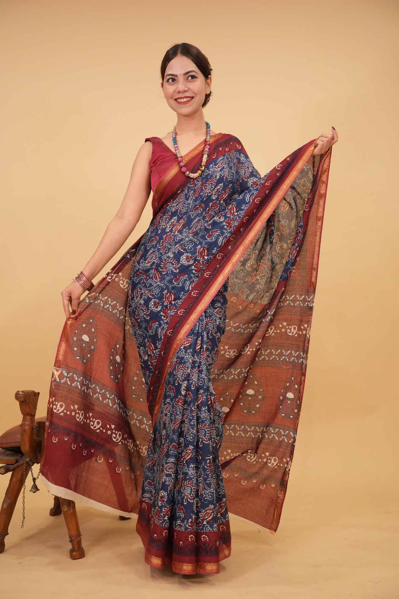 Ready to wear Blue & Red Block Printed Mul Mul Cotton With Zari Border Wrap In One Minute Saree