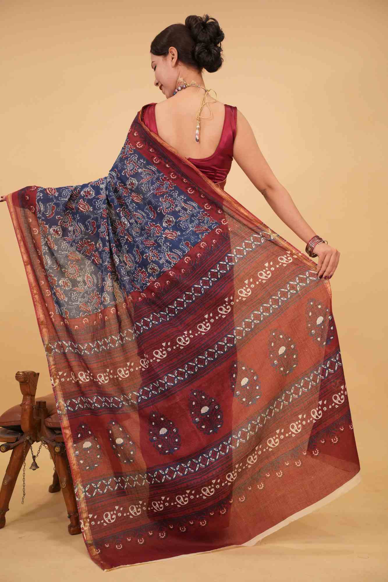 Ready to wear Blue & Red Block Printed Mul Mul Cotton With Zari Border Wrap In One Minute Saree