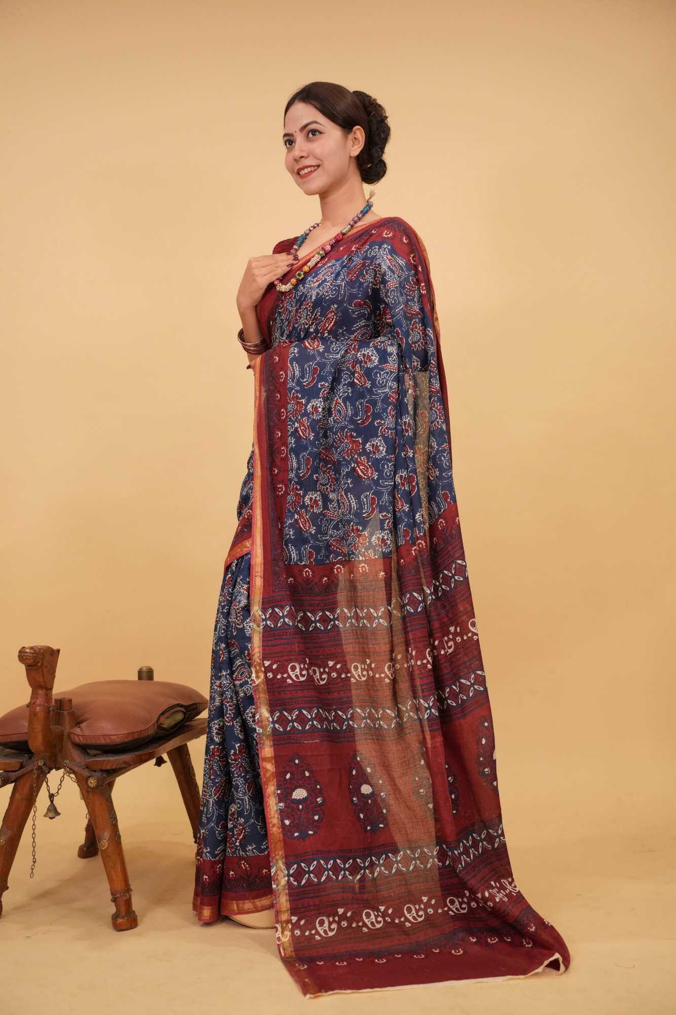 Ready to wear Blue & Red Block Printed Mul Mul Cotton With Zari Border Wrap In One Minute Saree