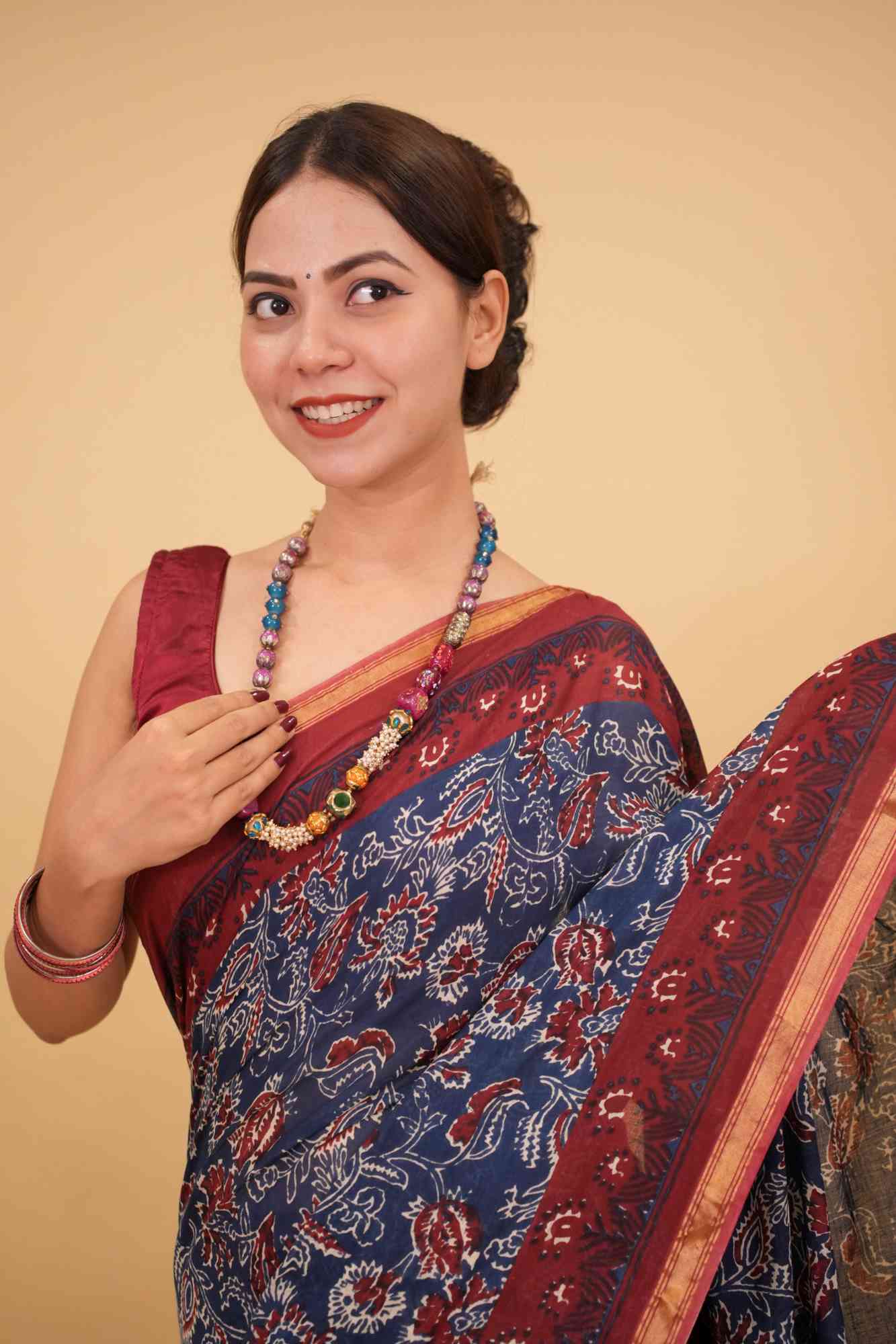 Ready to wear Blue & Red Block Printed Mul Mul Cotton With Zari Border Wrap In One Minute Saree