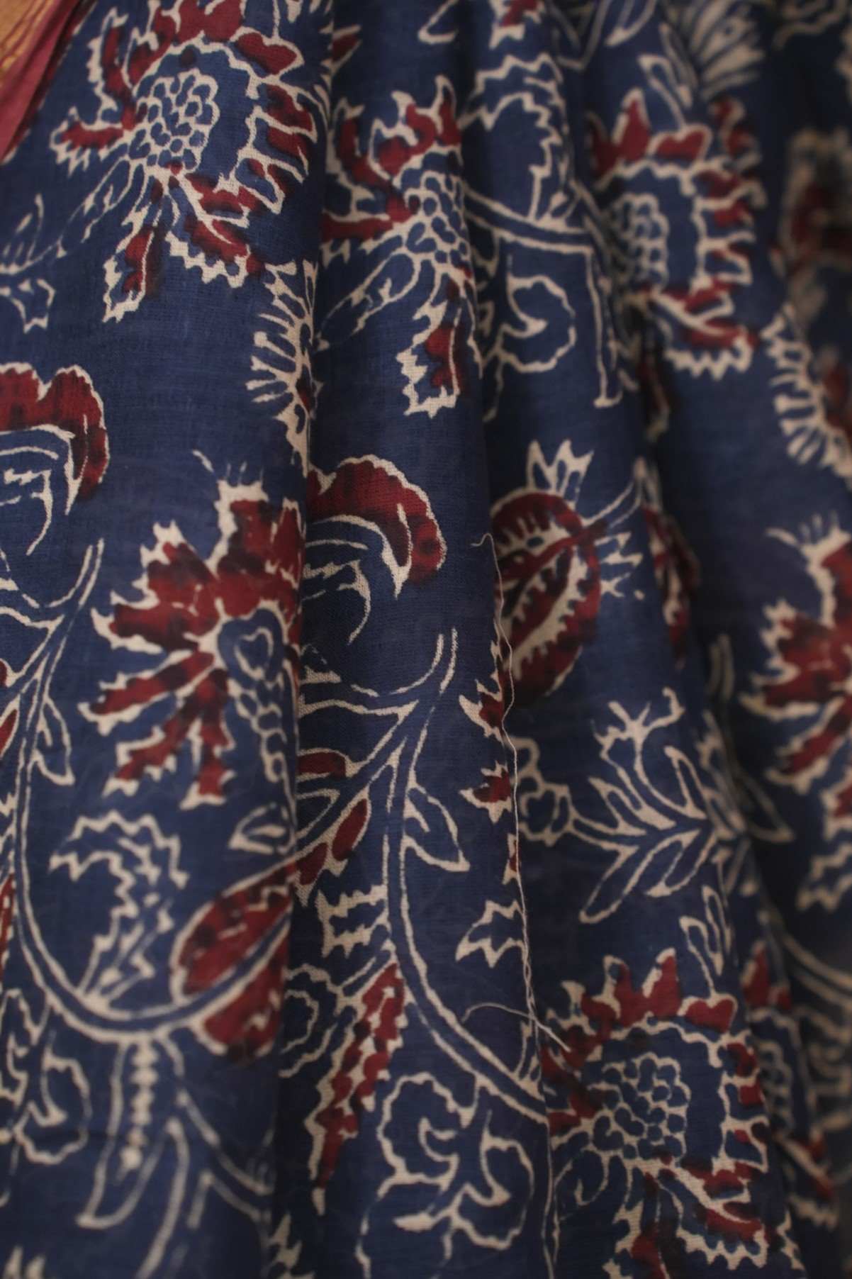 Ready to wear Blue & Red Block Printed Mul Mul Cotton With Zari Border Wrap In One Minute Saree