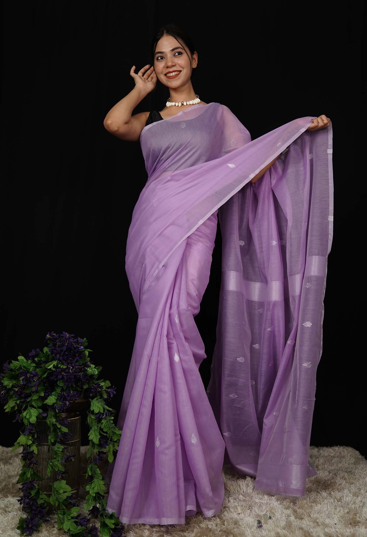 Beautiful Lavender Cotton With Zari woven wrap in 1 minute Saree
