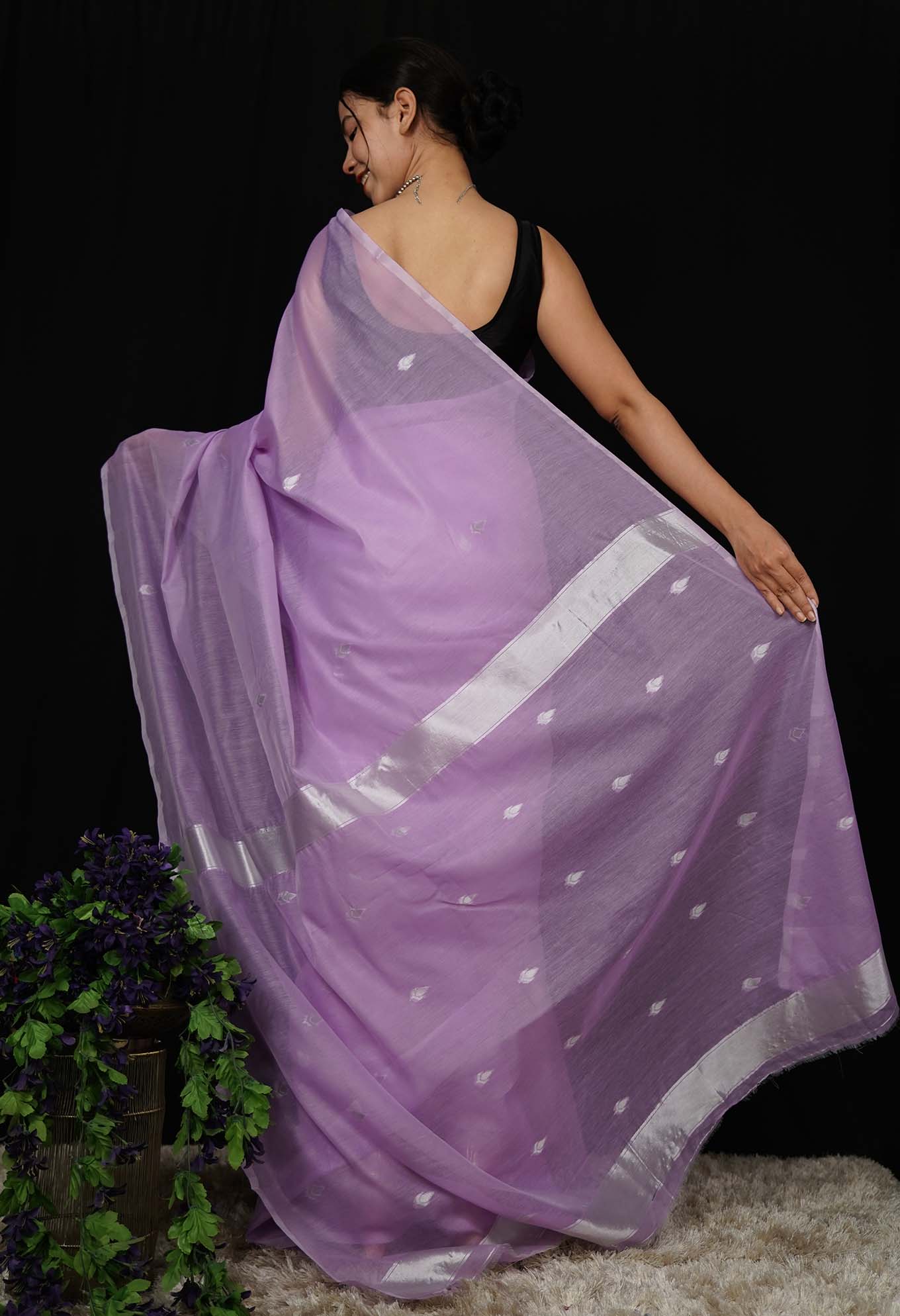 Beautiful Lavender Cotton With Zari woven wrap in 1 minute Saree