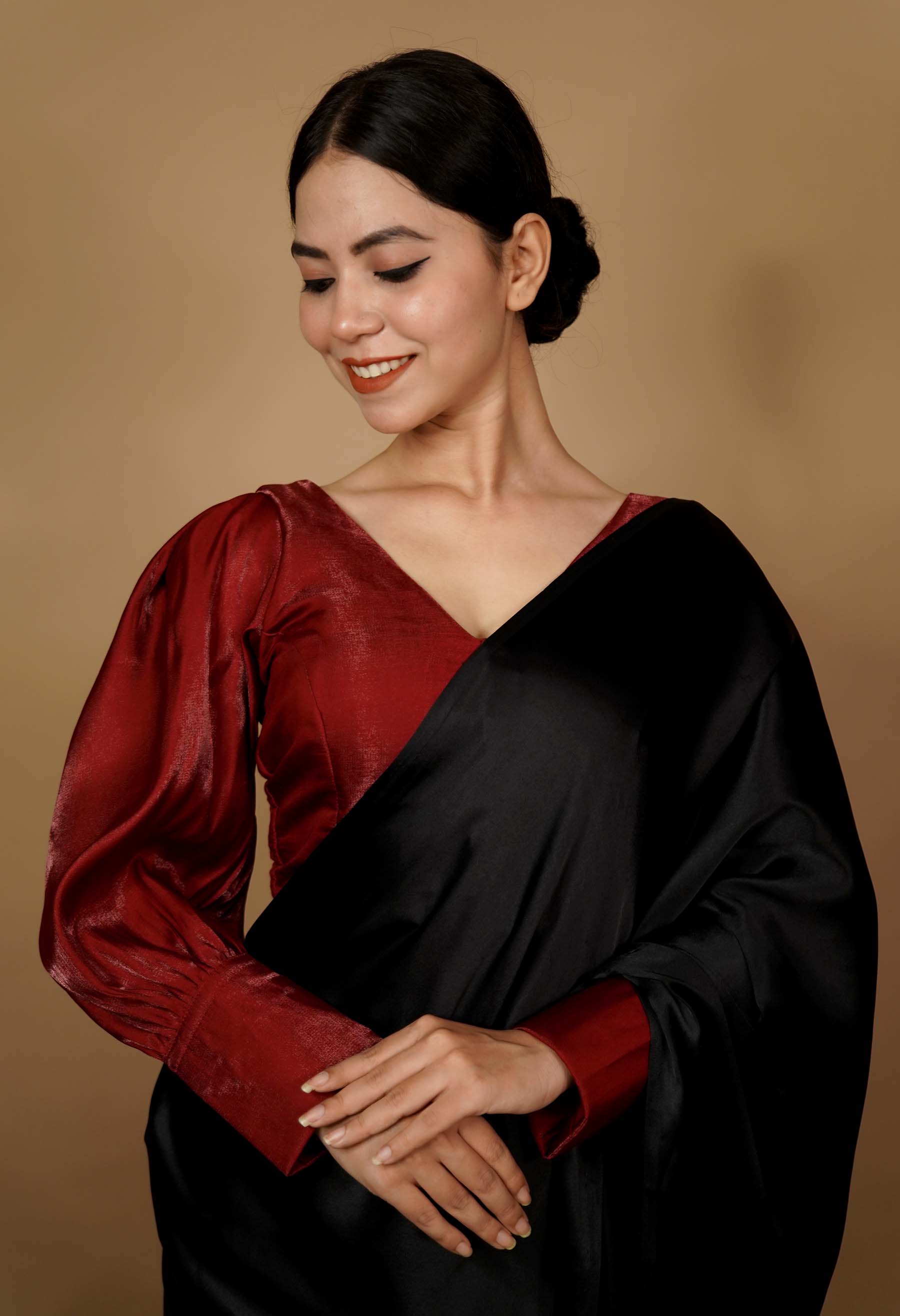 Stylish Maroon Full Puff Sleeves With cuffs Princess cut