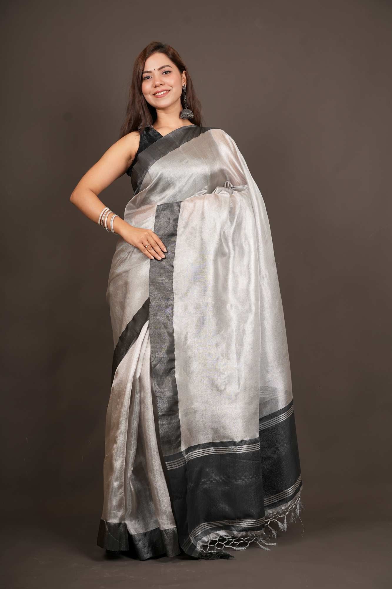 Tissue Silk Silver With Black dhoop chaanv Border Ready To Wear Saree
