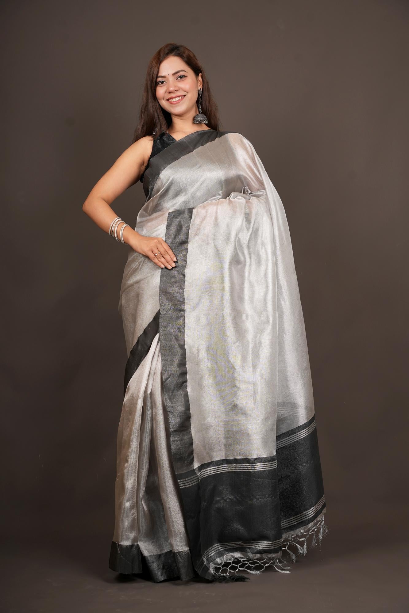 Tissue Silk Silver With Black dhoop chaanv Border Ready To Wear Saree