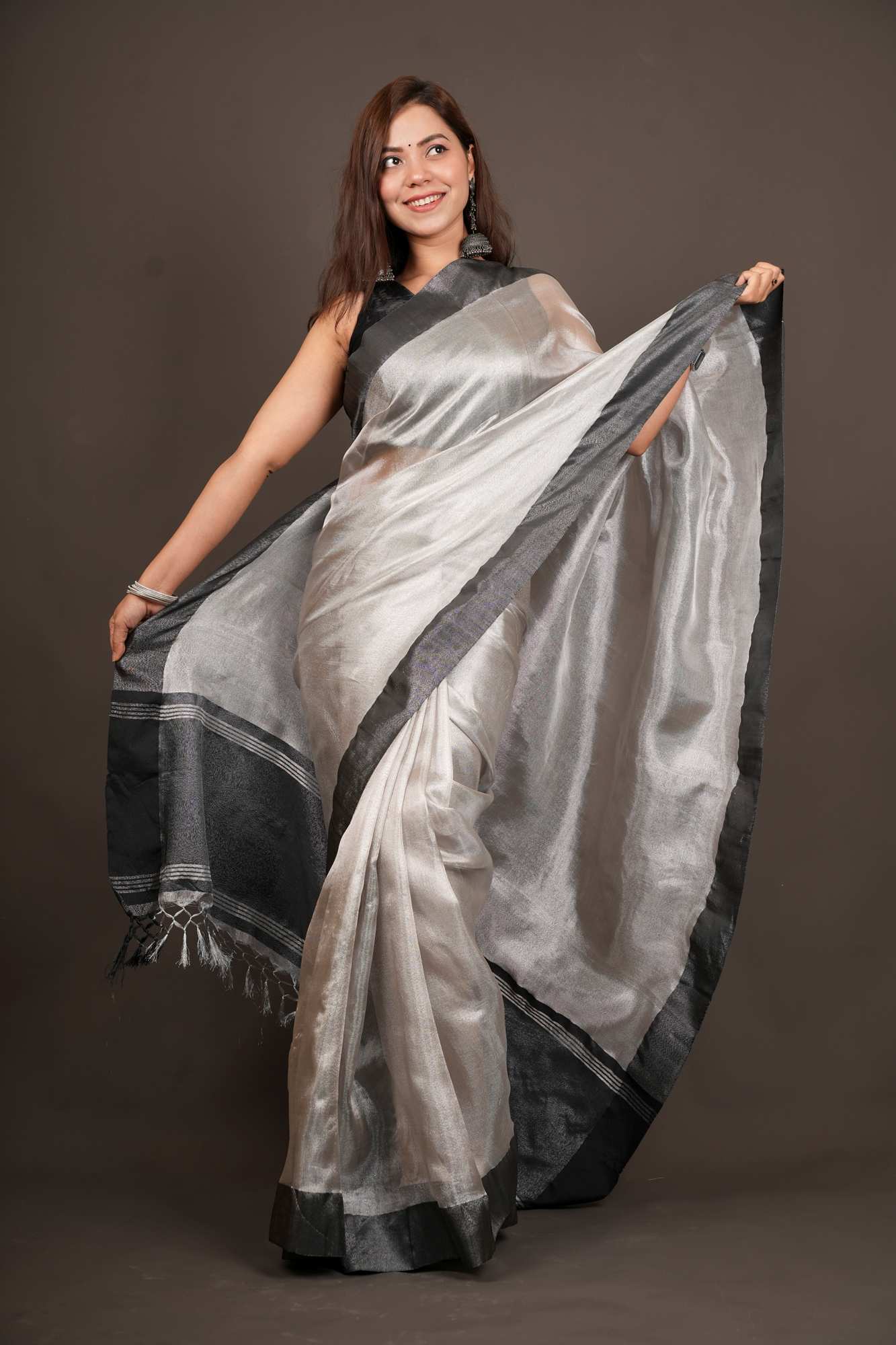 Tissue Silk Silver With Black dhoop chaanv Border Ready To Wear Saree