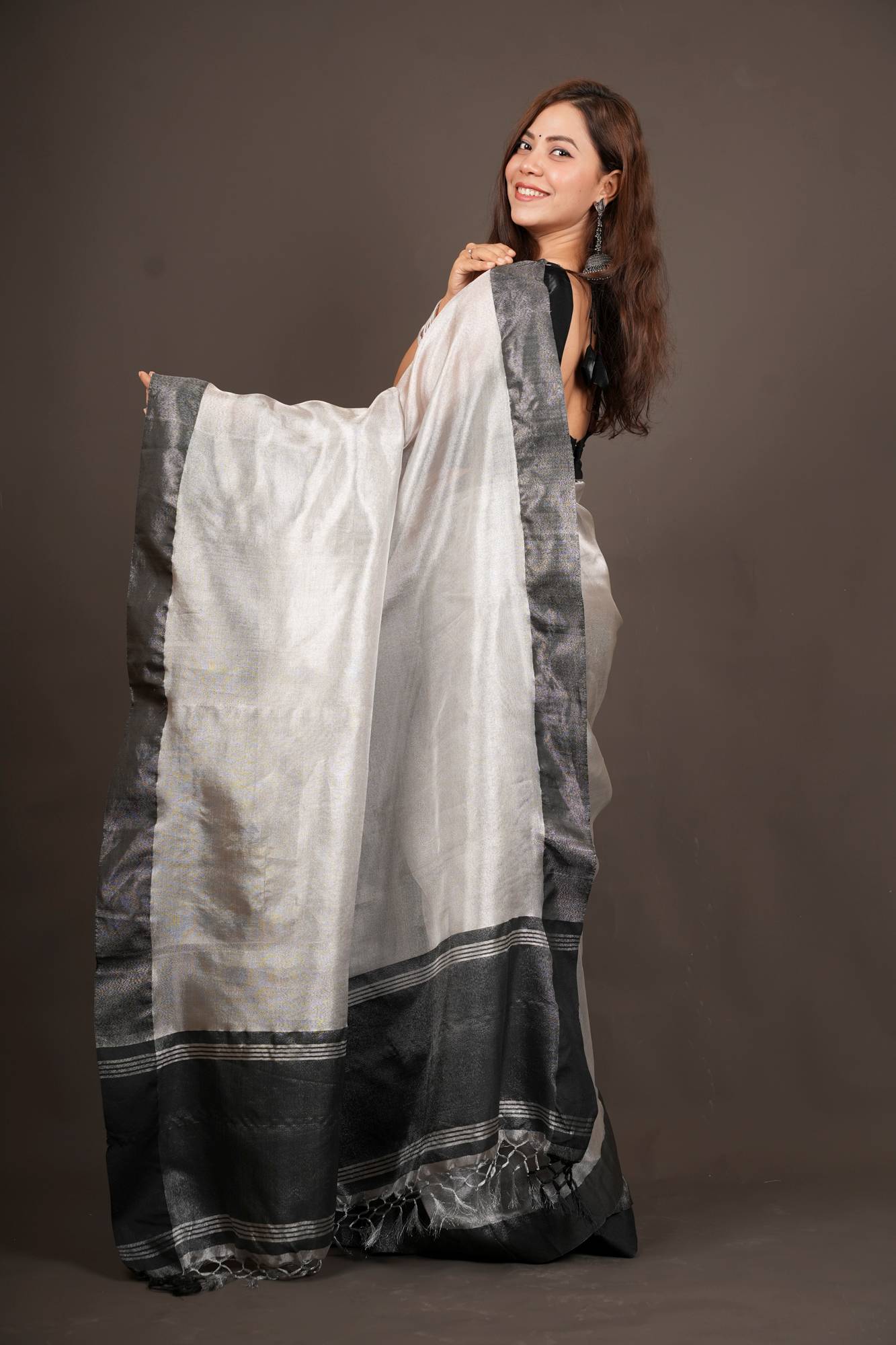 Tissue Silk Silver With Black dhoop chaanv Border Ready To Wear Saree