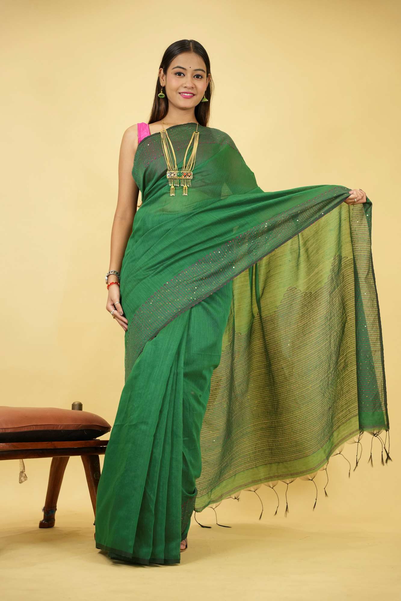 Cotton silk with Pink Thread Embroidery and Subtle Sequin Detailing Ready To Wear Saree