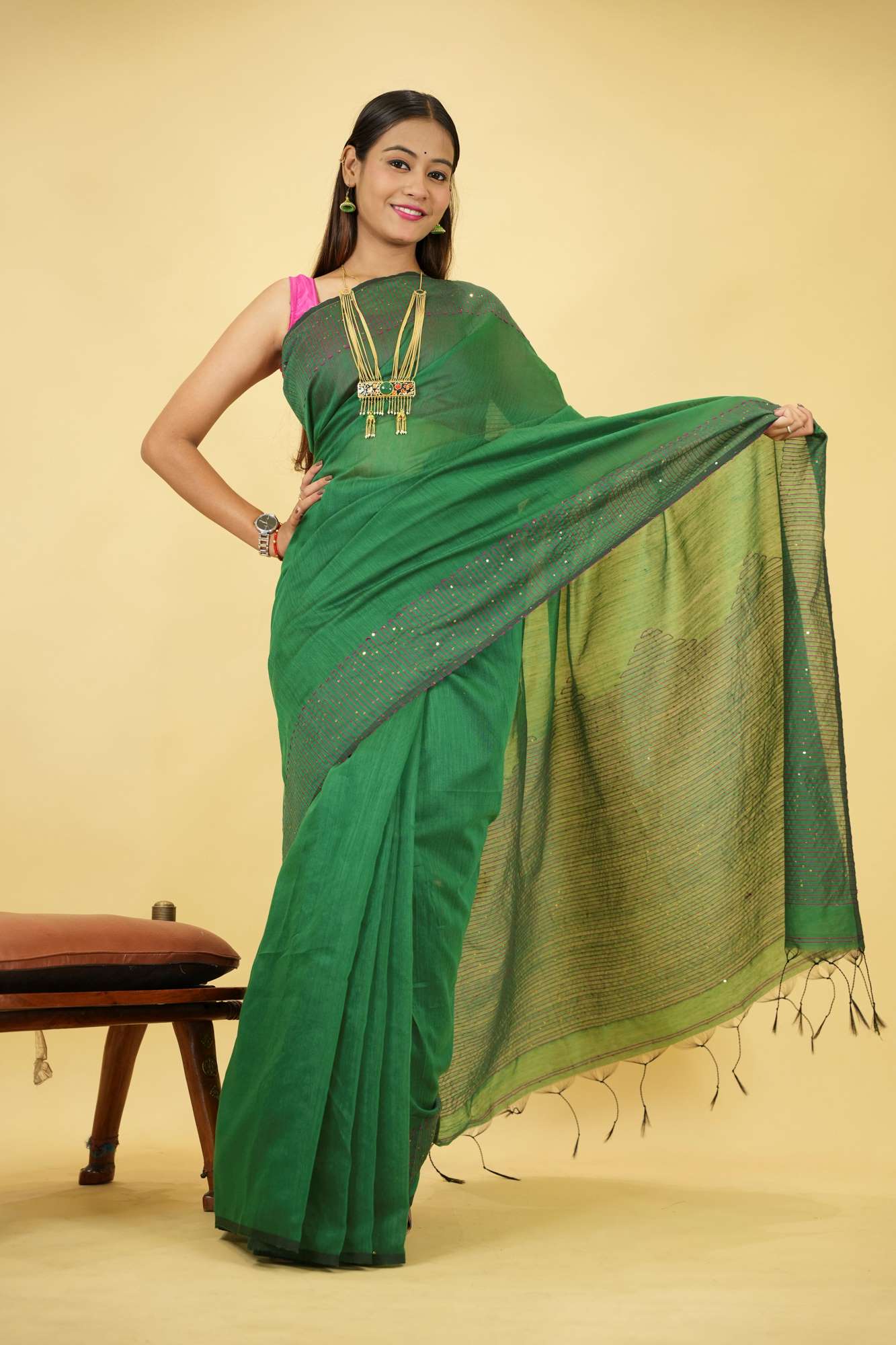 Cotton silk with Pink Thread Embroidery and Subtle Sequin Detailing Ready To Wear Saree