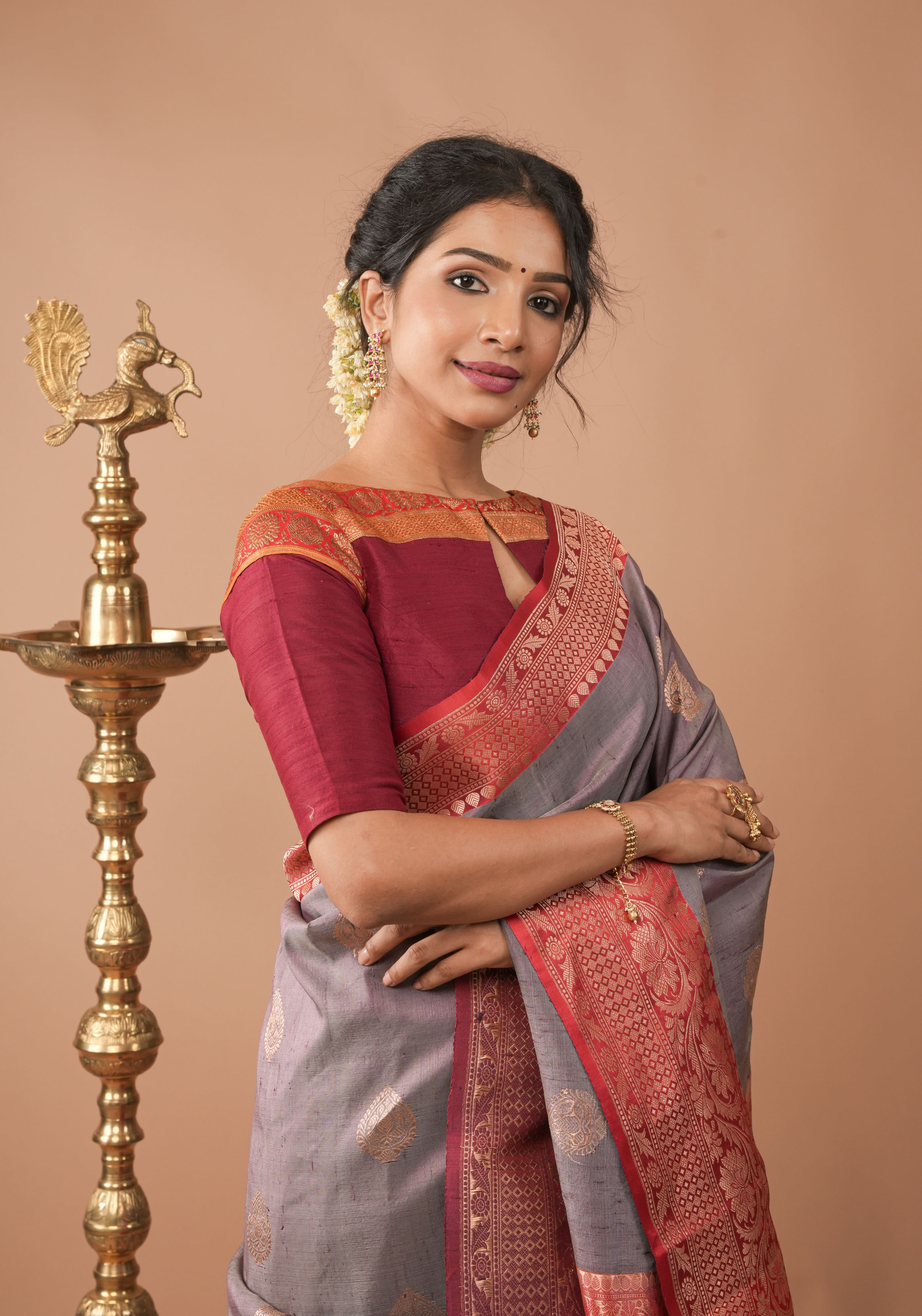 Maroon Pure Raw Silk Blouse With Antique Tone Zari Panel, Customizable, Made to Order | Shobitam