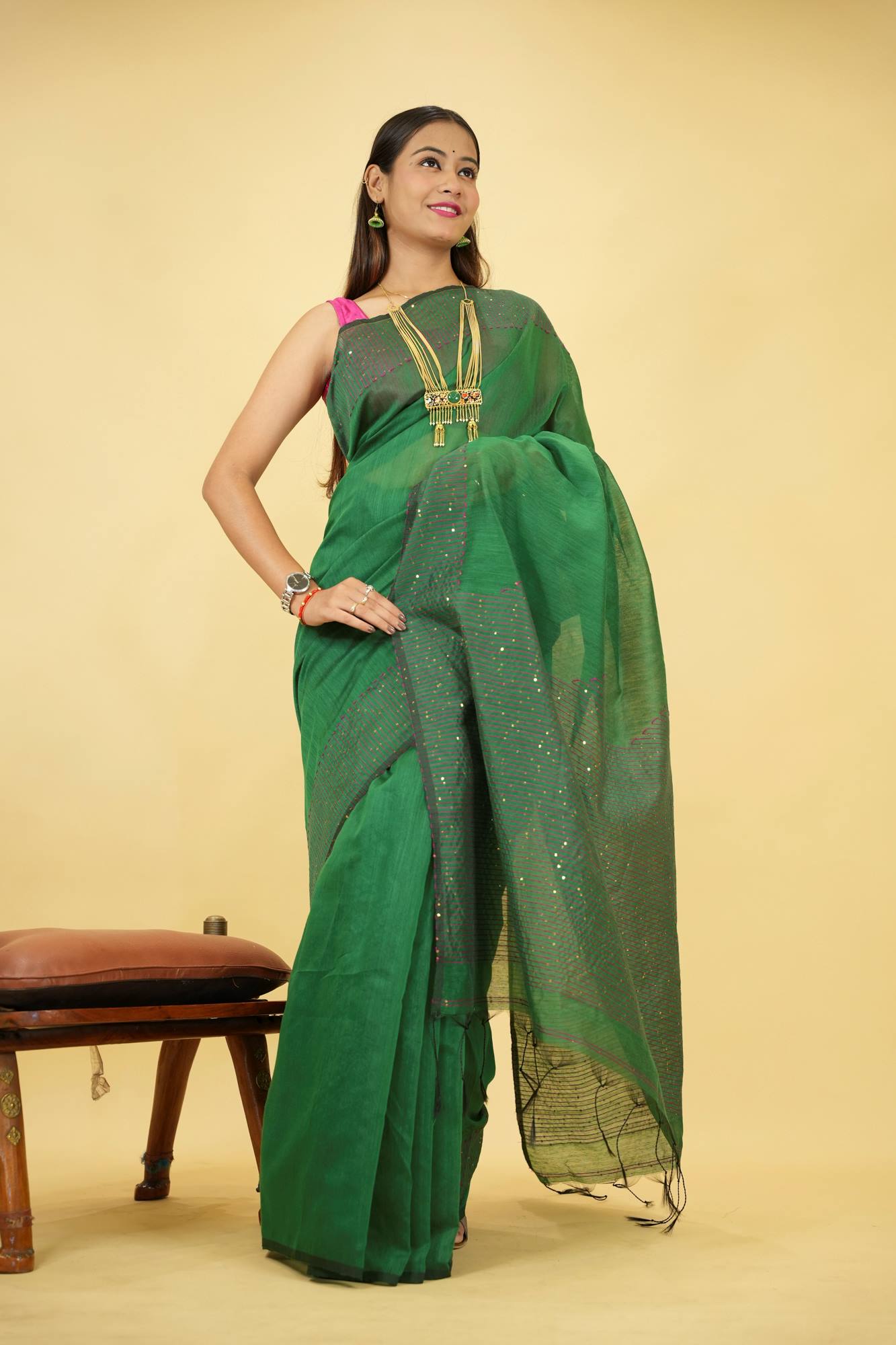 Cotton silk with Pink Thread Embroidery and Subtle Sequin Detailing Ready To Wear Saree