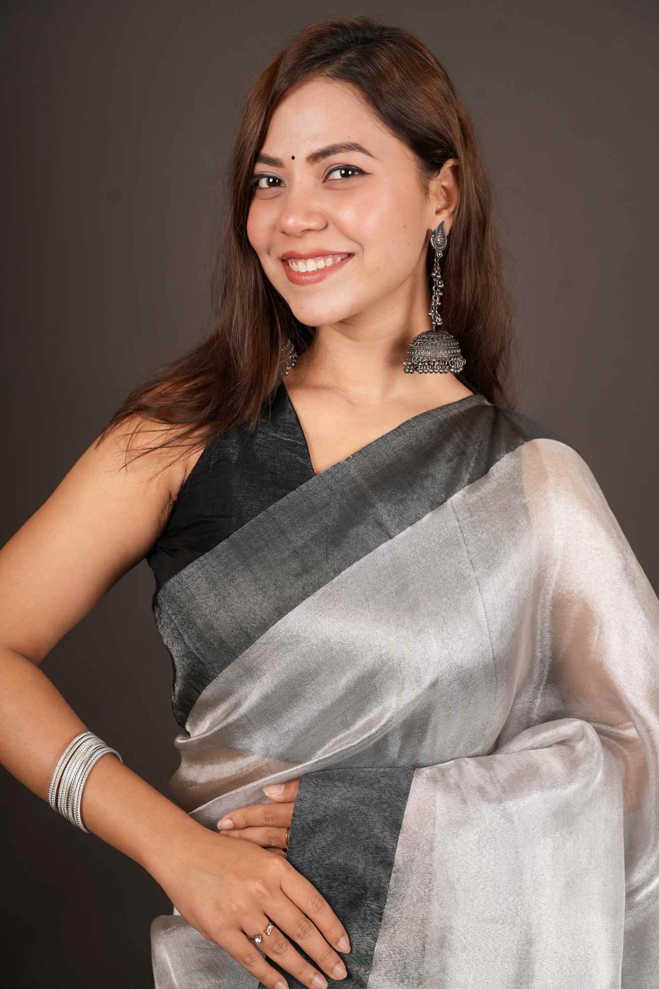 Tissue Silk Silver With Black dhoop chaanv Border Ready To Wear Saree
