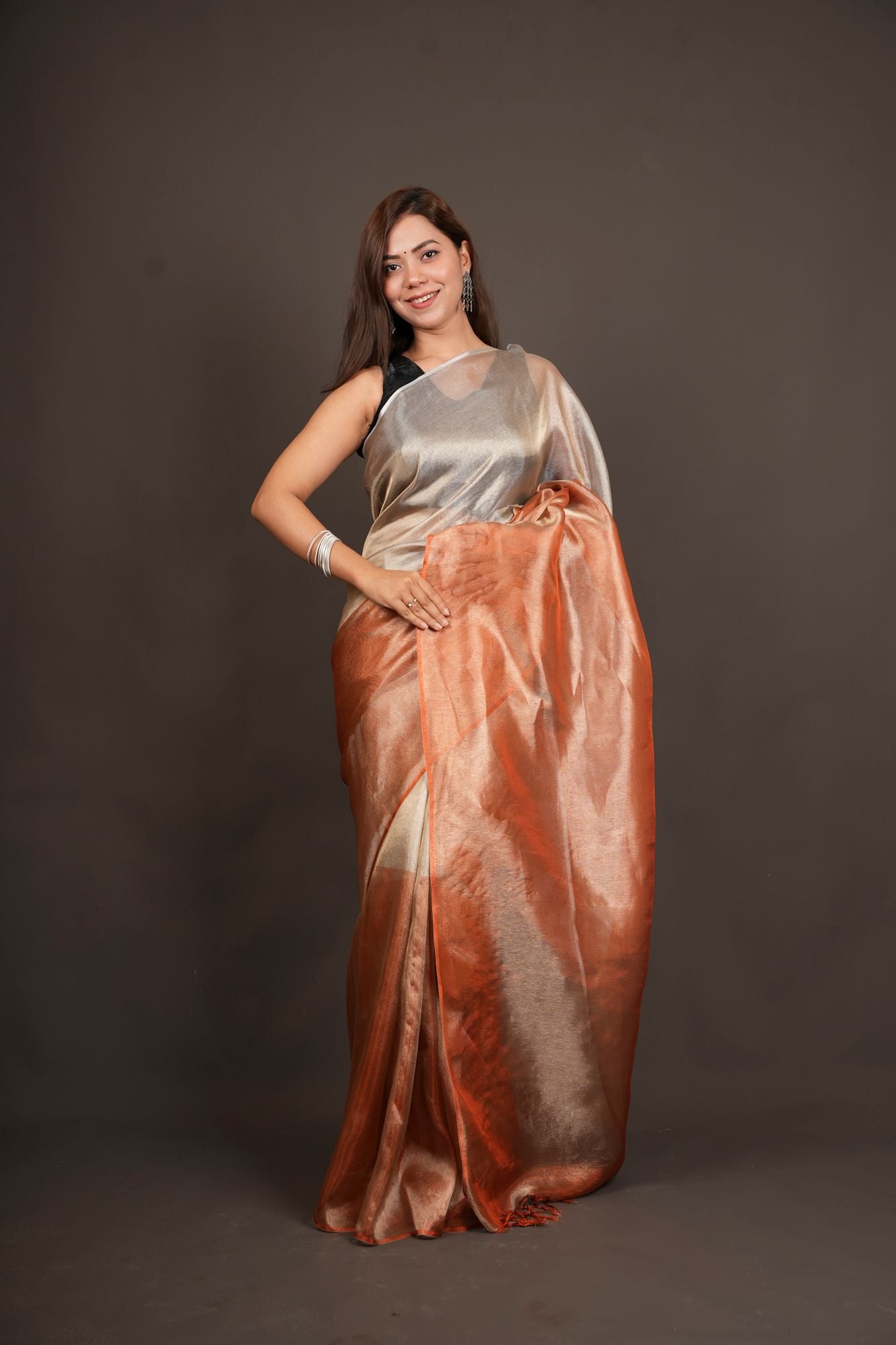 Dual Tone greyish orange sunset tissue silk prestitched saree
