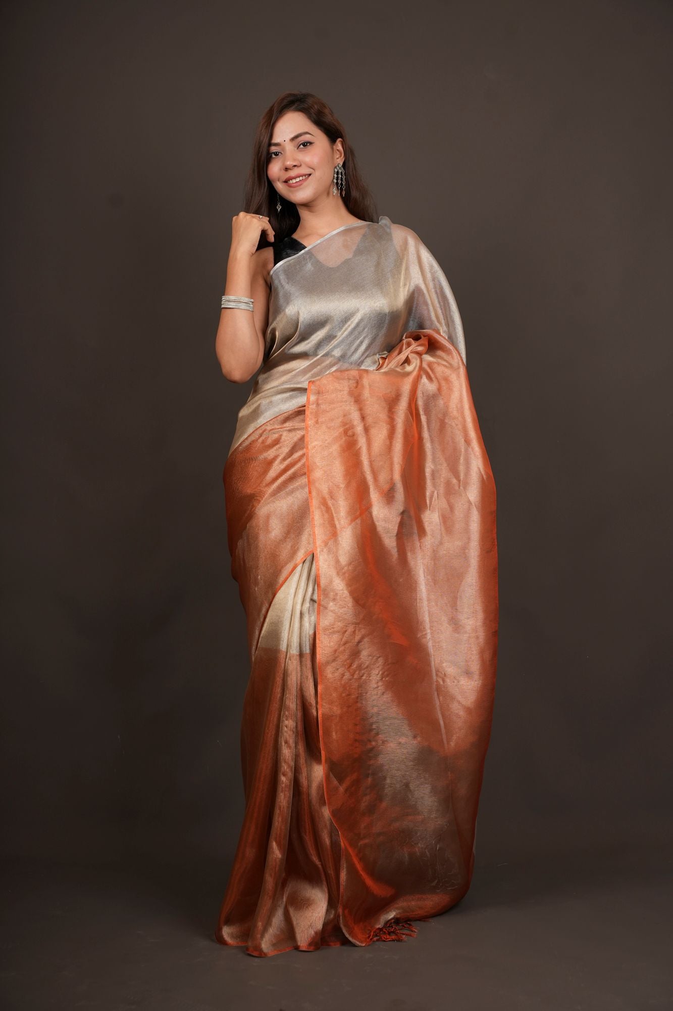 Dual Tone greyish orange sunset tissue silk prestitched saree