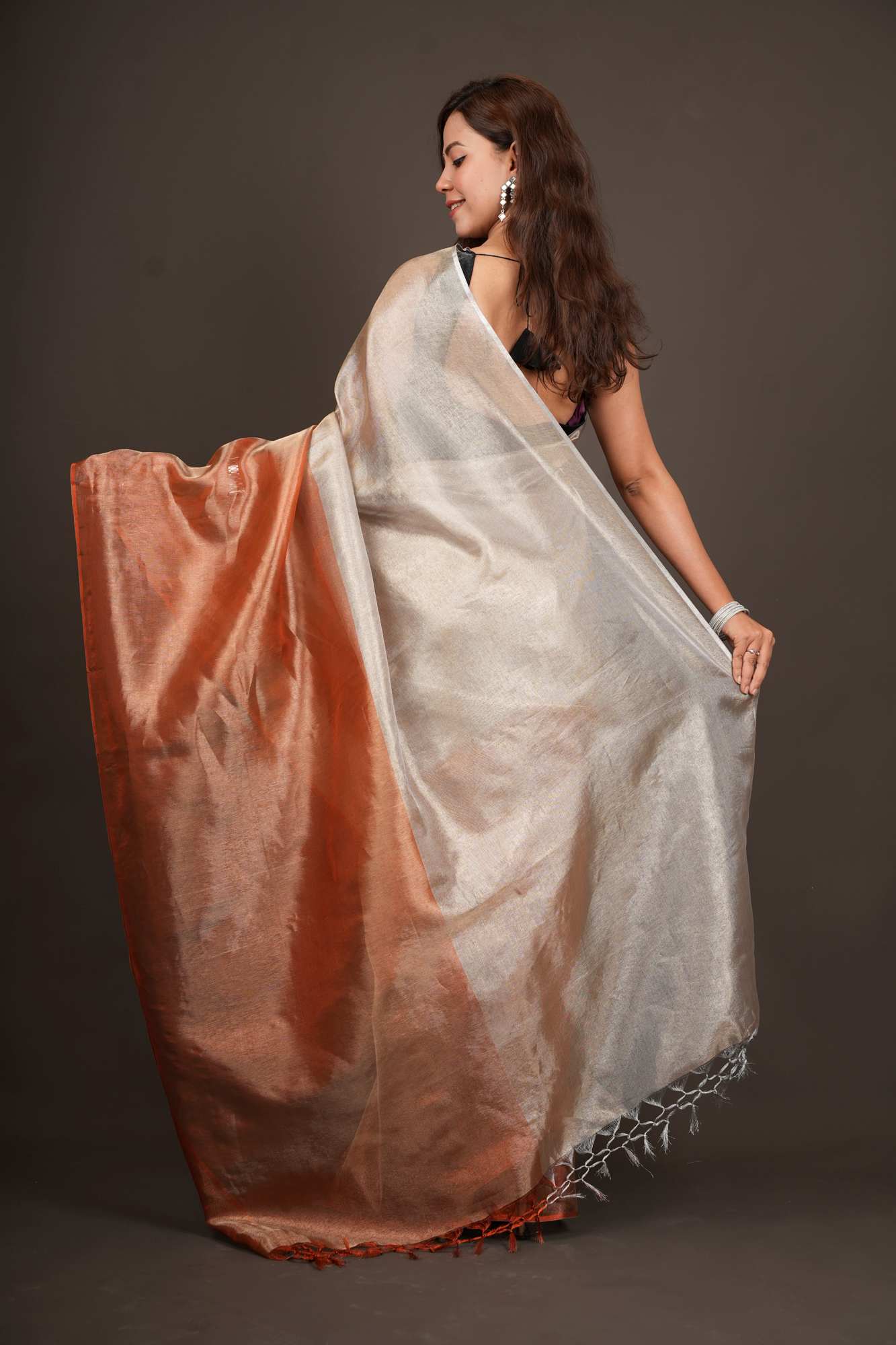 Dual Tone greyish orange sunset tissue silk prestitched saree