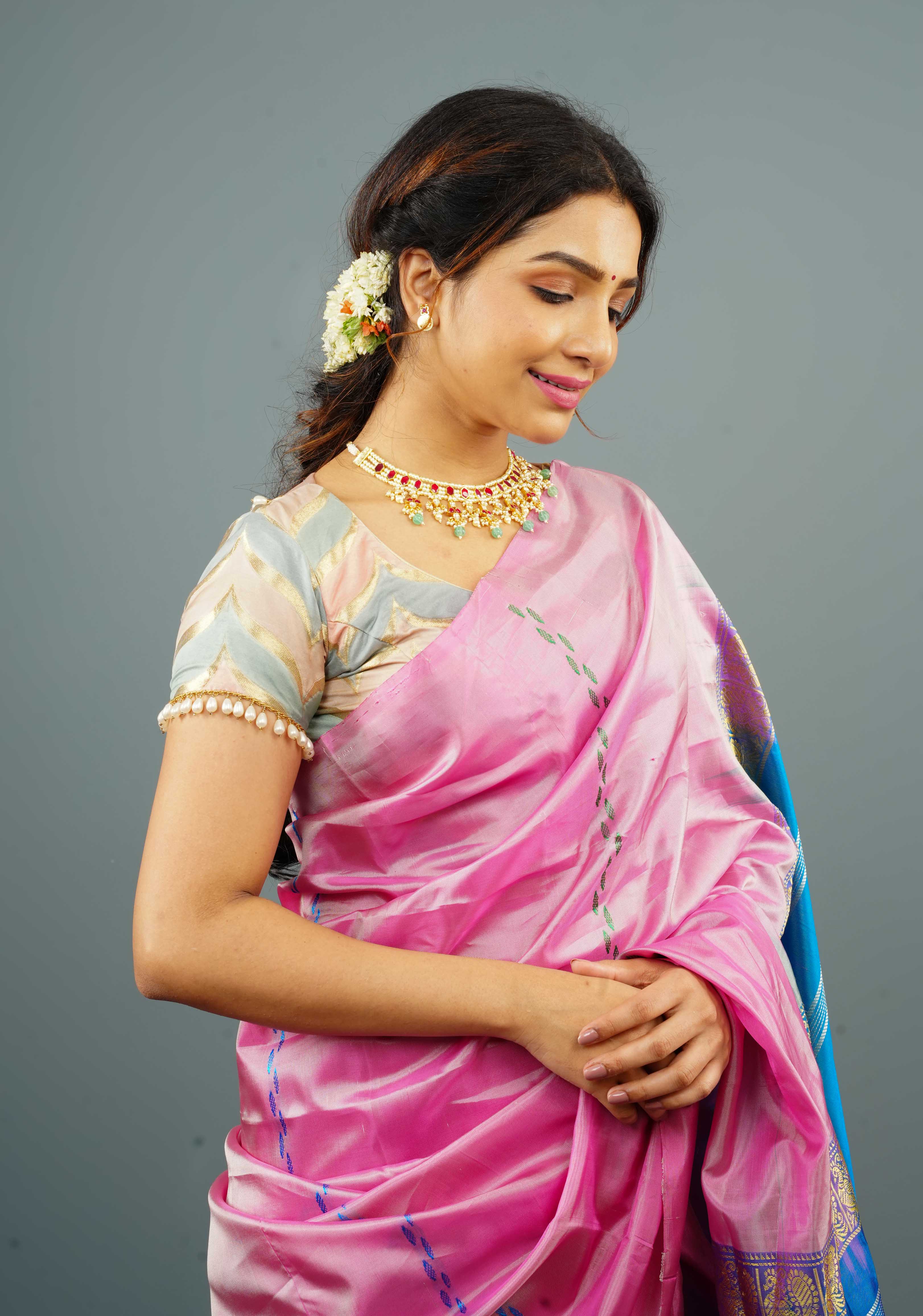 Banarasi Blouse in Gray Pink rangkaat designin pastel hues with beaded back detailing, Customizable, Made to Order | SHOBITAM