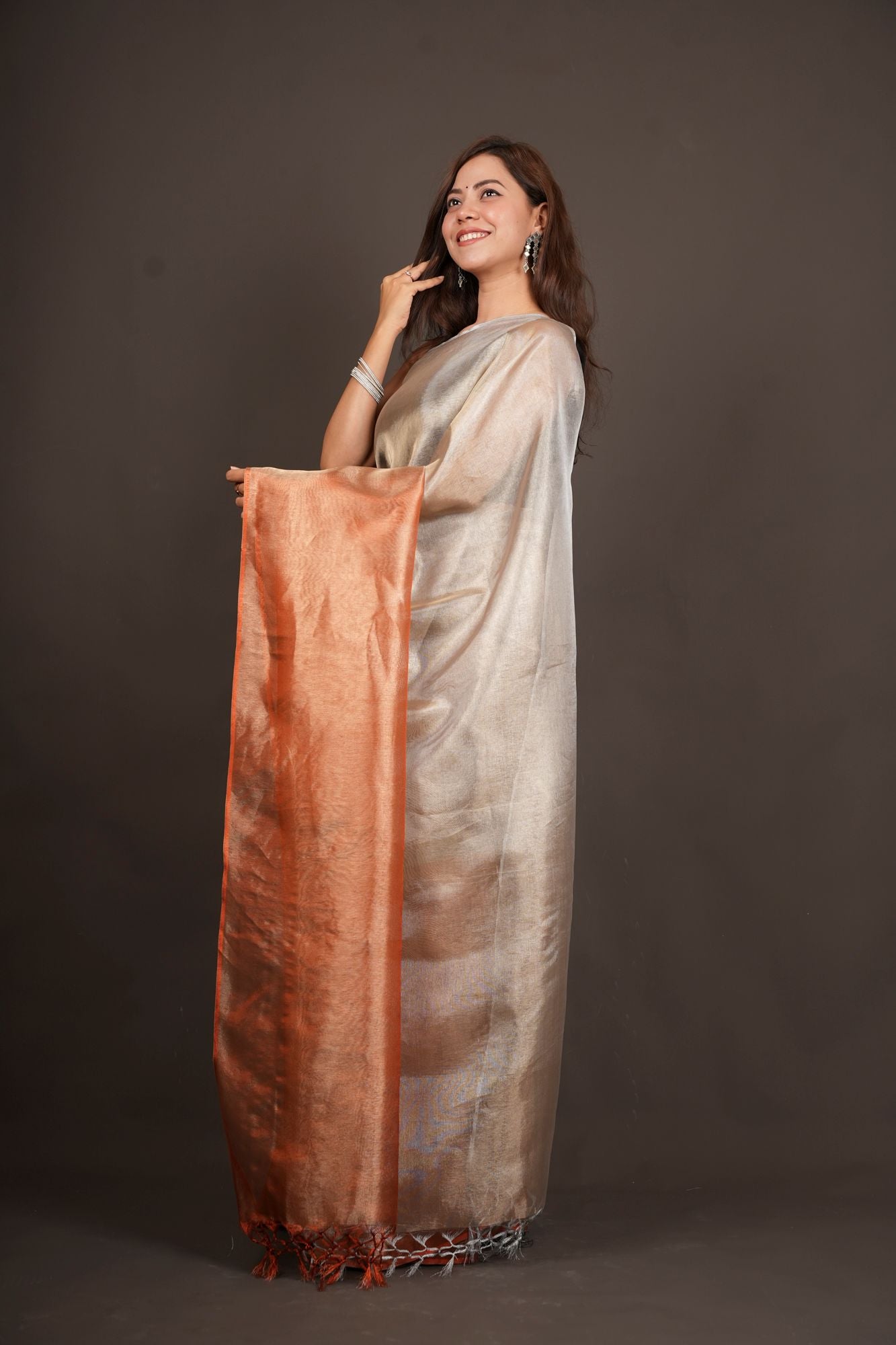 Dual Tone greyish orange sunset tissue silk prestitched saree
