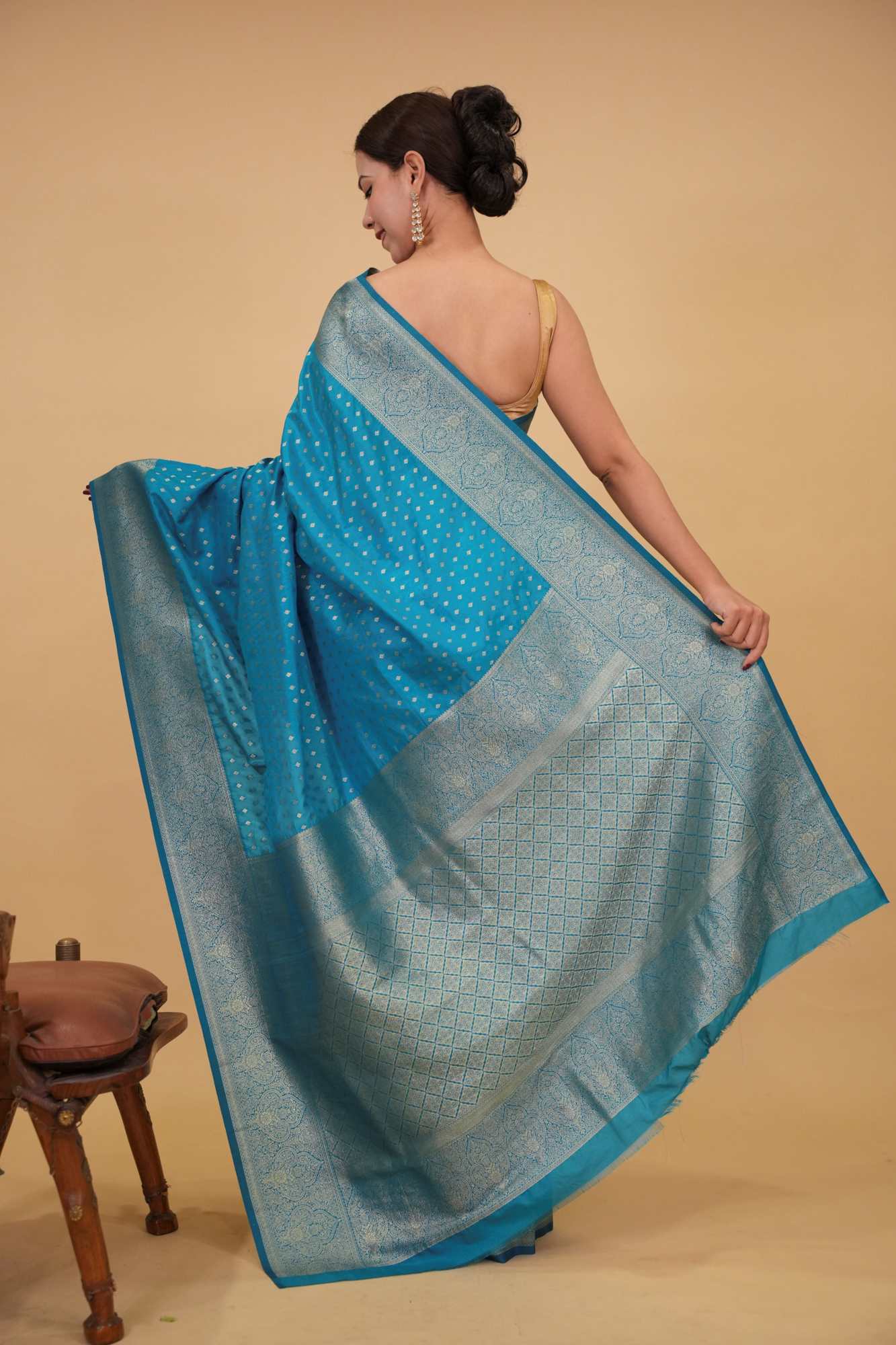 Firozi Blue With Overall Zari Butta Broad Bordered & Ornate Palla Banarasi Ready To Wear Saree