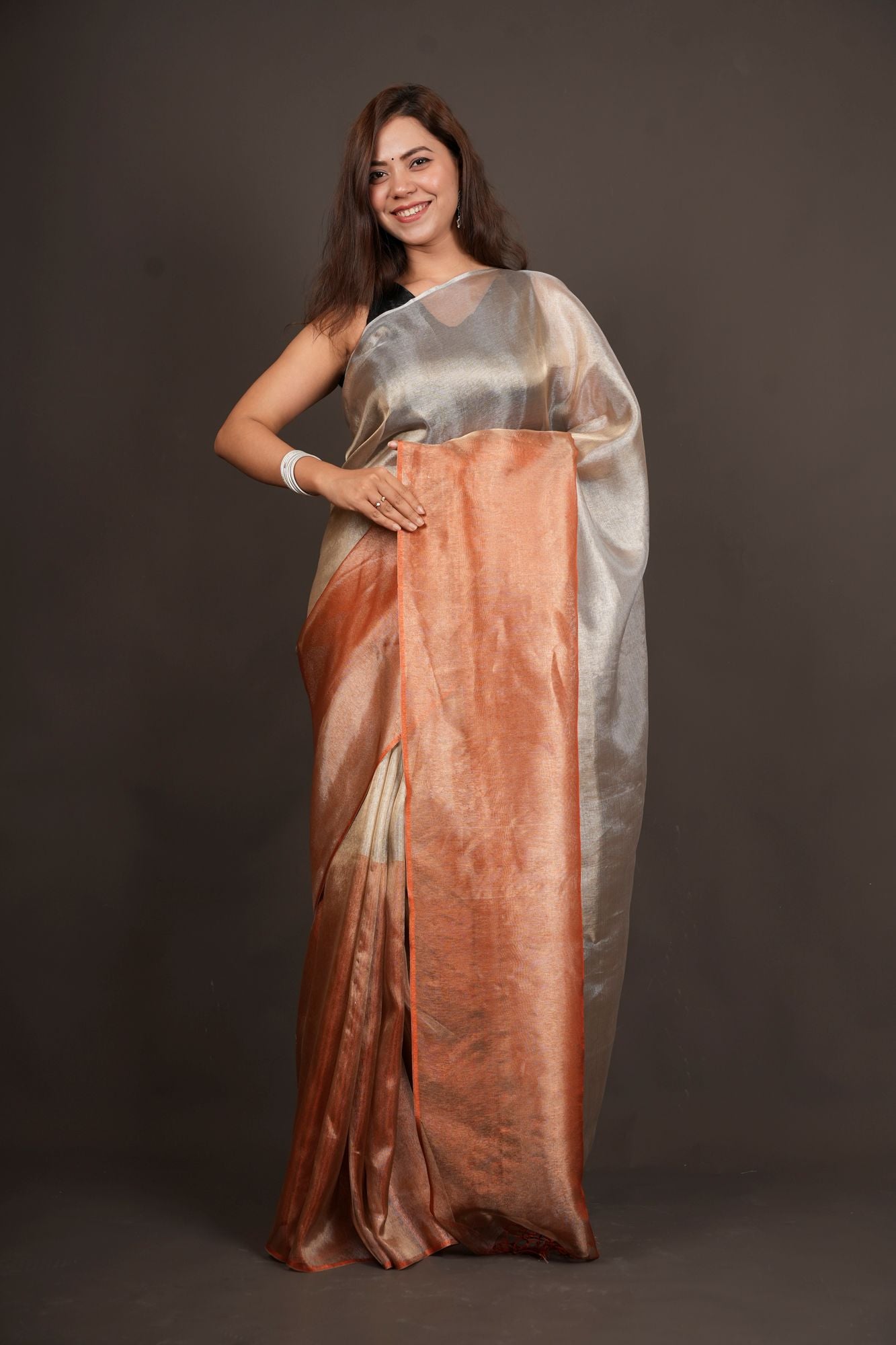 Dual Tone greyish orange sunset tissue silk prestitched saree