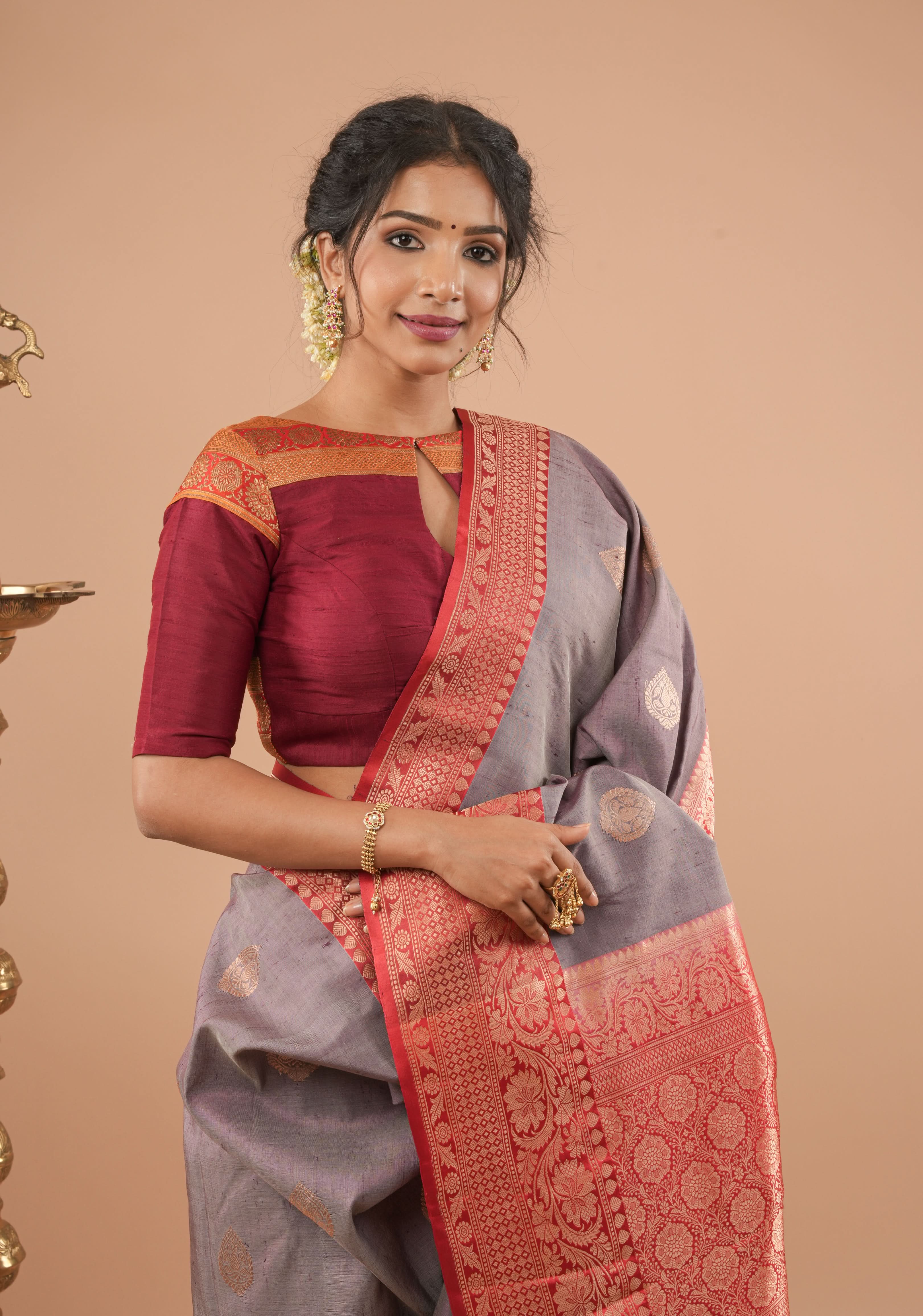 Maroon Pure Raw Silk Blouse With Antique Tone Zari Panel, Customizable, Made to Order | Shobitam