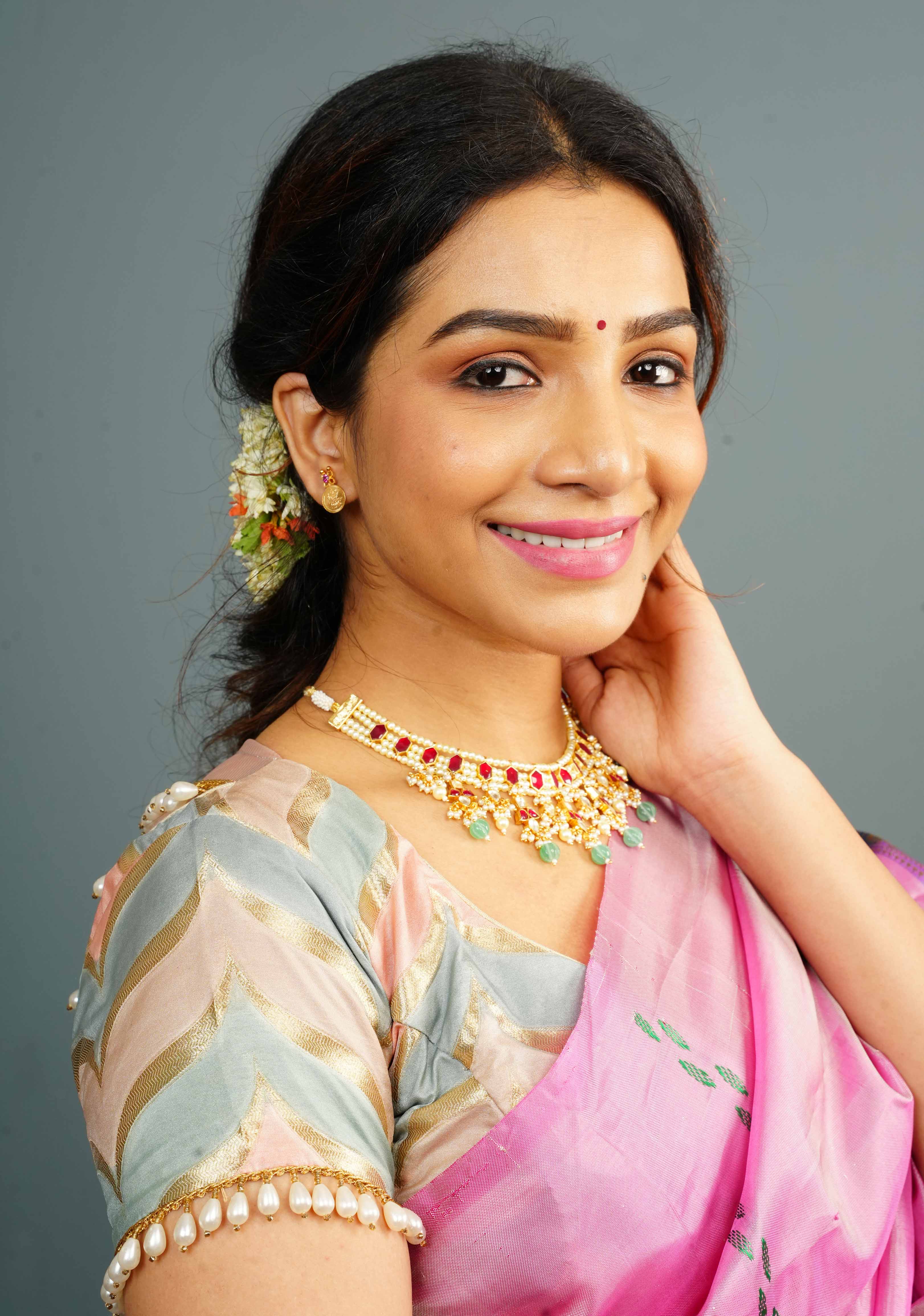 Banarasi Blouse in Gray Pink rangkaat designin pastel hues with beaded back detailing, Customizable, Made to Order | SHOBITAM