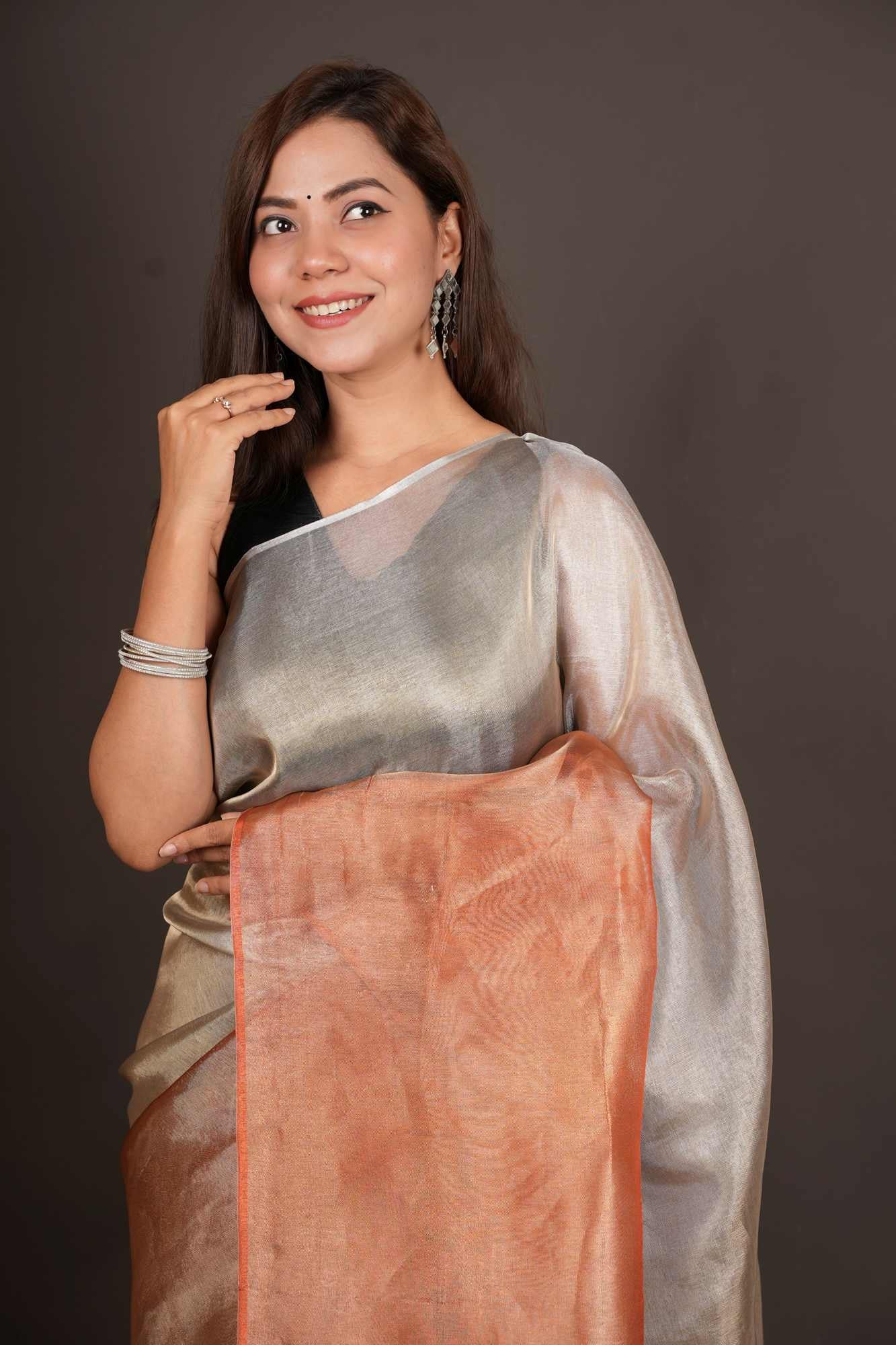 Dual Tone greyish orange sunset tissue silk prestitched saree