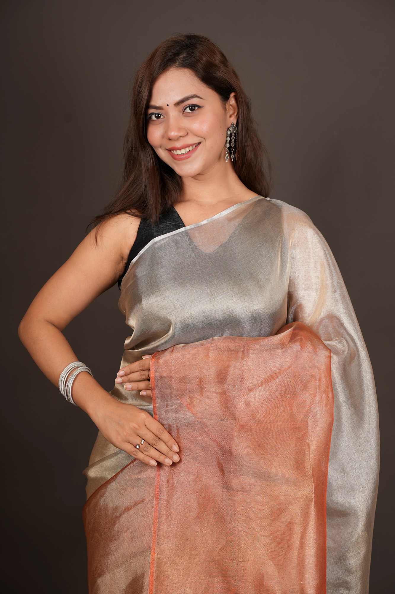 Dual Tone greyish orange sunset tissue silk prestitched saree