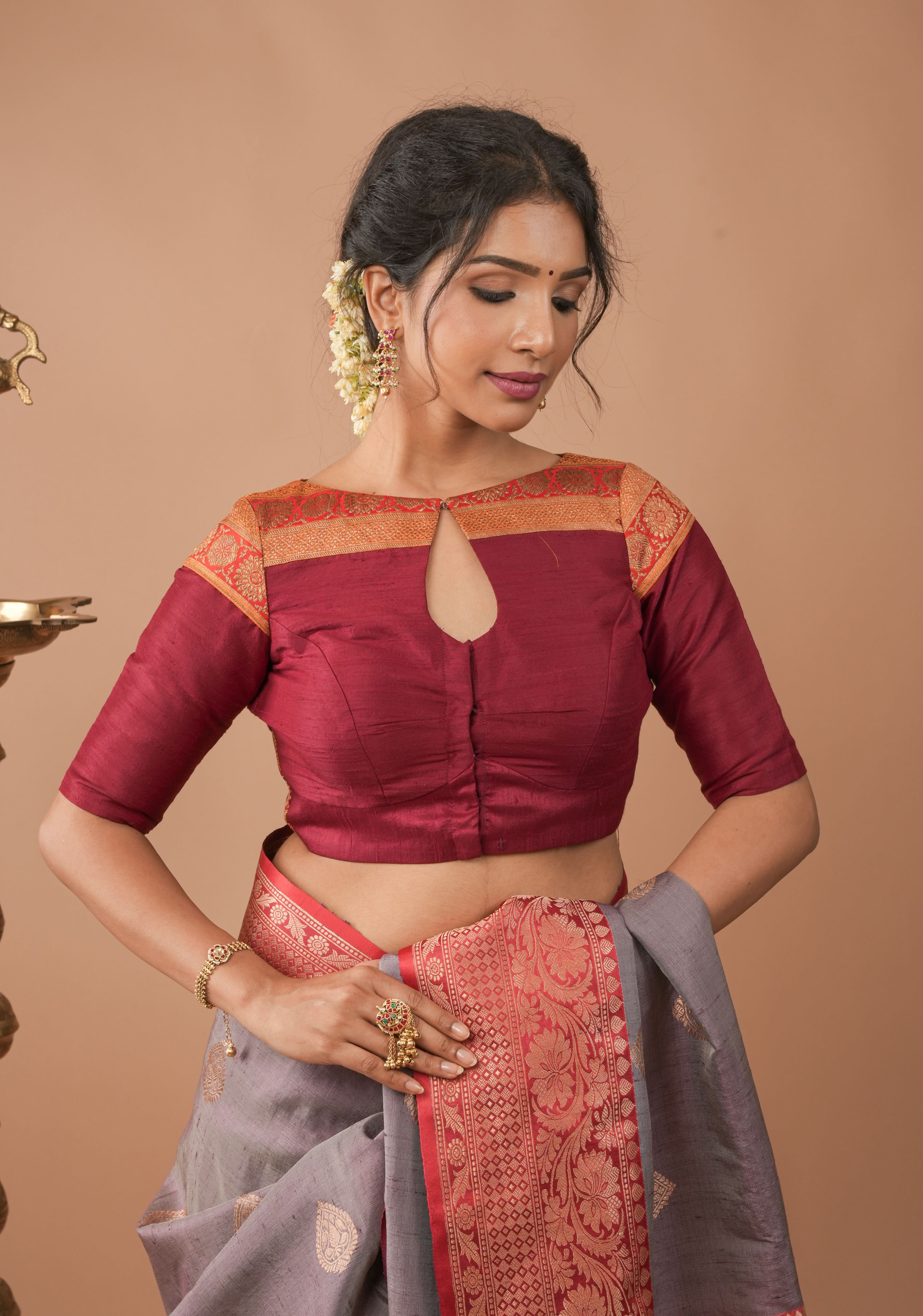 Maroon Pure Raw Silk Blouse With Antique Tone Zari Panel, Customizable, Made to Order | Shobitam