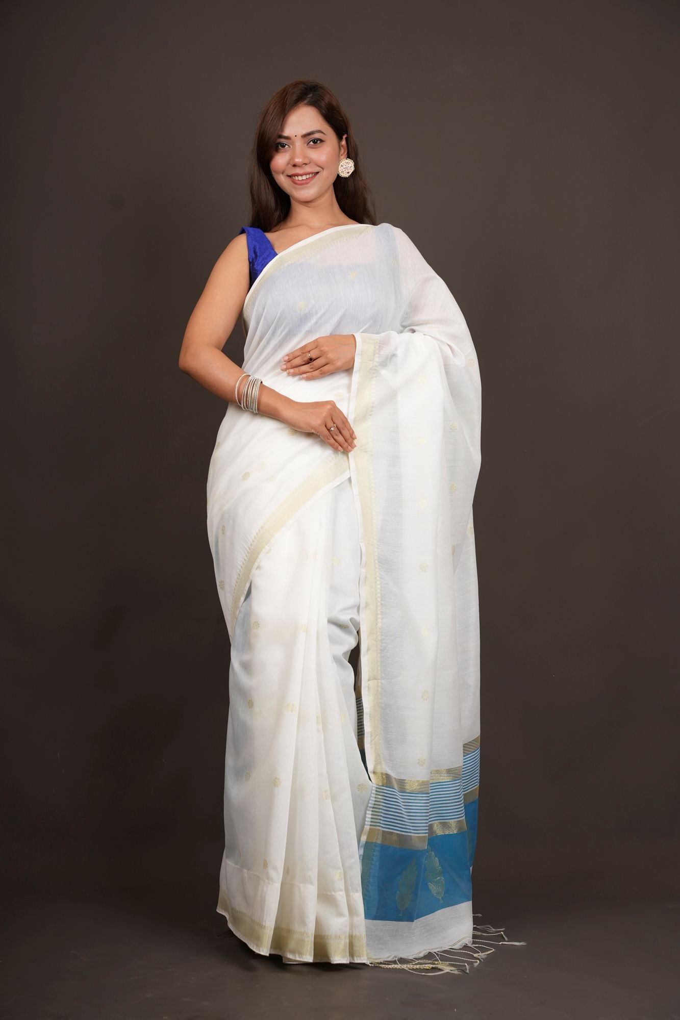 Madurai Soft Cotton with Anchal Zari Work Contrast Blue Pallu Ready To Wear Saree