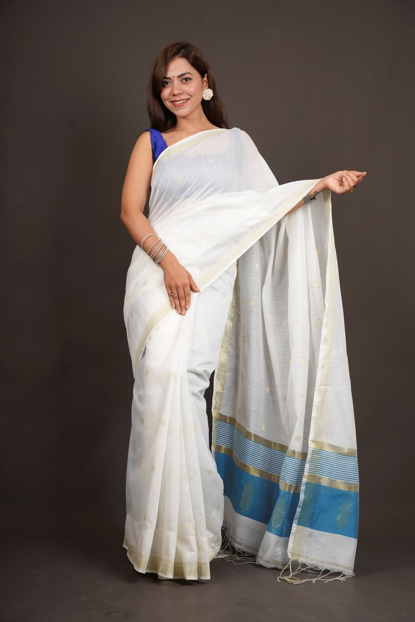 Madurai Soft Cotton with Anchal Zari Work Contrast Blue Pallu Ready To Wear Saree