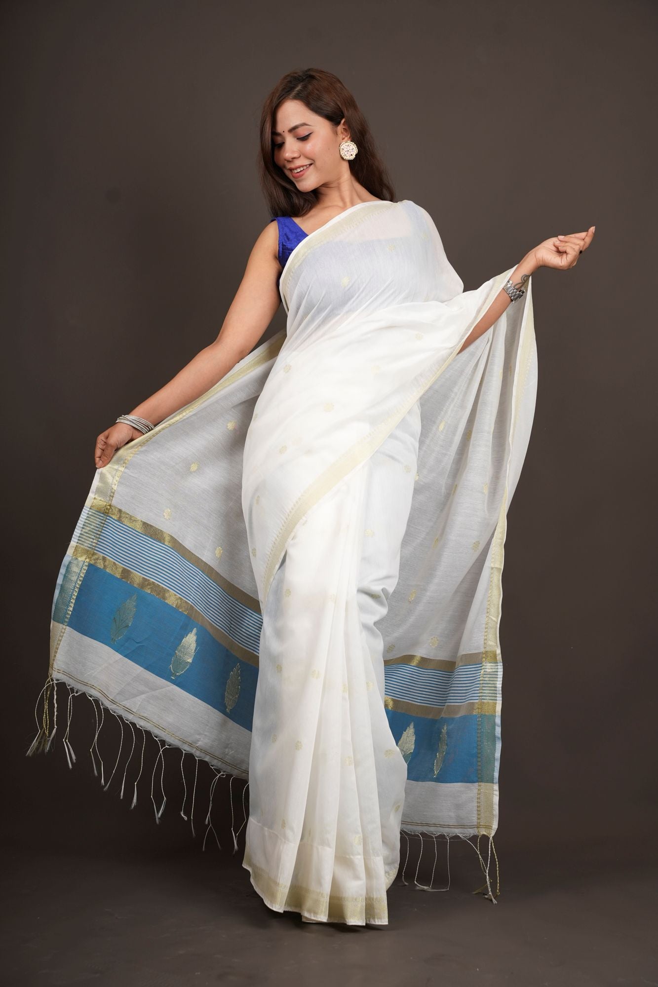 Madurai Soft Cotton with Anchal Zari Work Contrast Blue Pallu Ready To Wear Saree