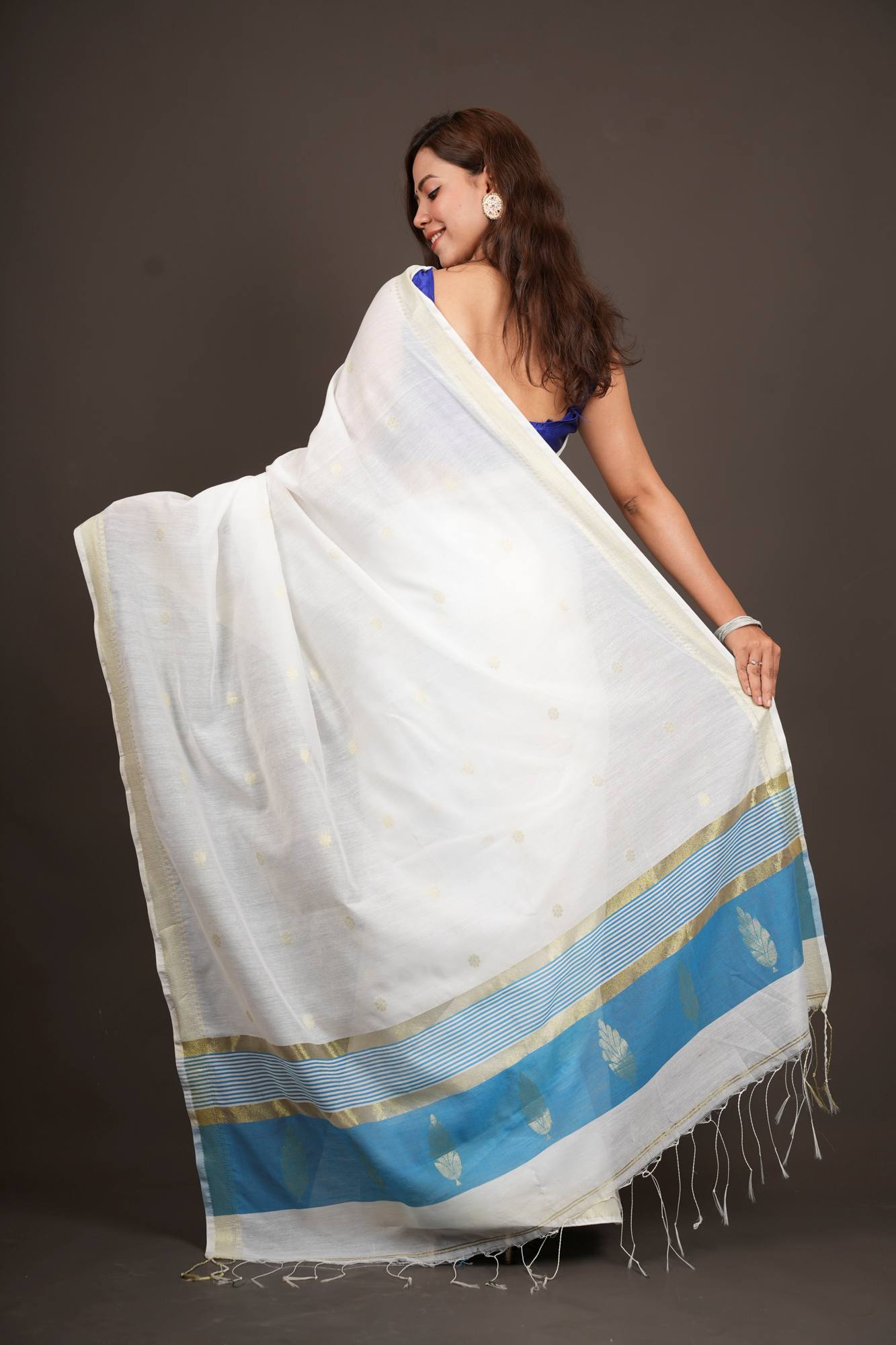 Madurai Soft Cotton with Anchal Zari Work Contrast Blue Pallu Ready To Wear Saree