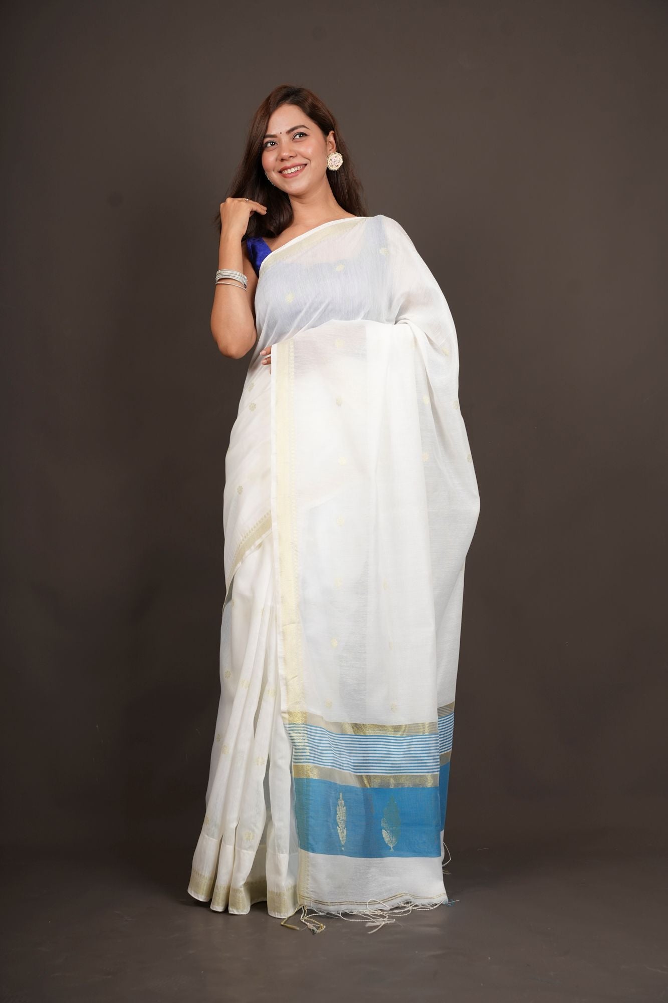 Madurai Soft Cotton with Anchal Zari Work Contrast Blue Pallu Ready To Wear Saree