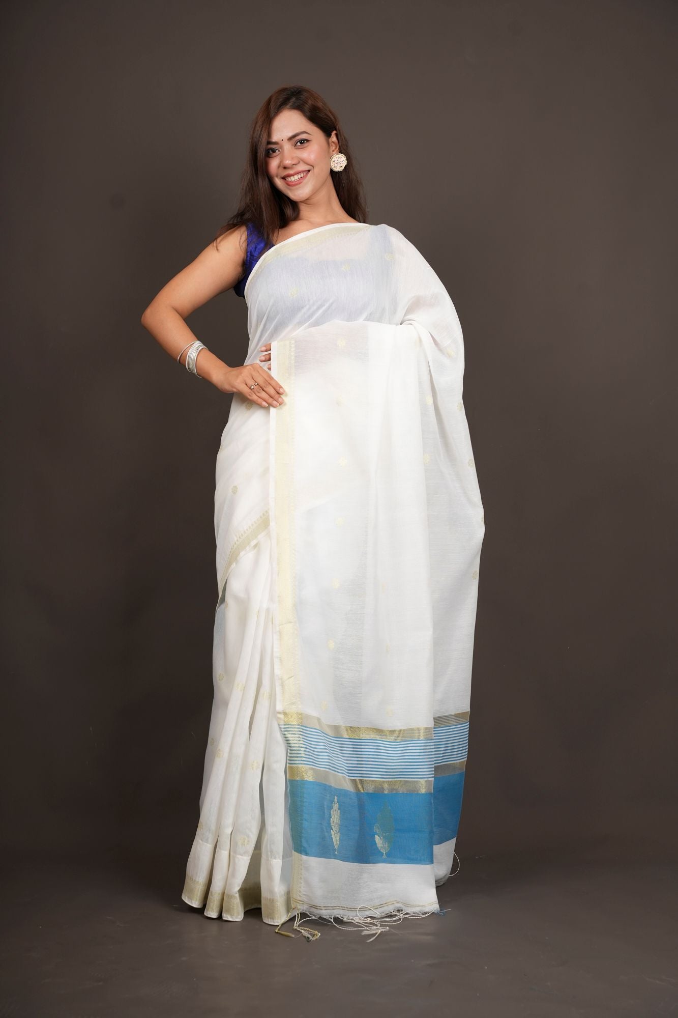 Madurai Soft Cotton with Anchal Zari Work Contrast Blue Pallu Ready To Wear Saree