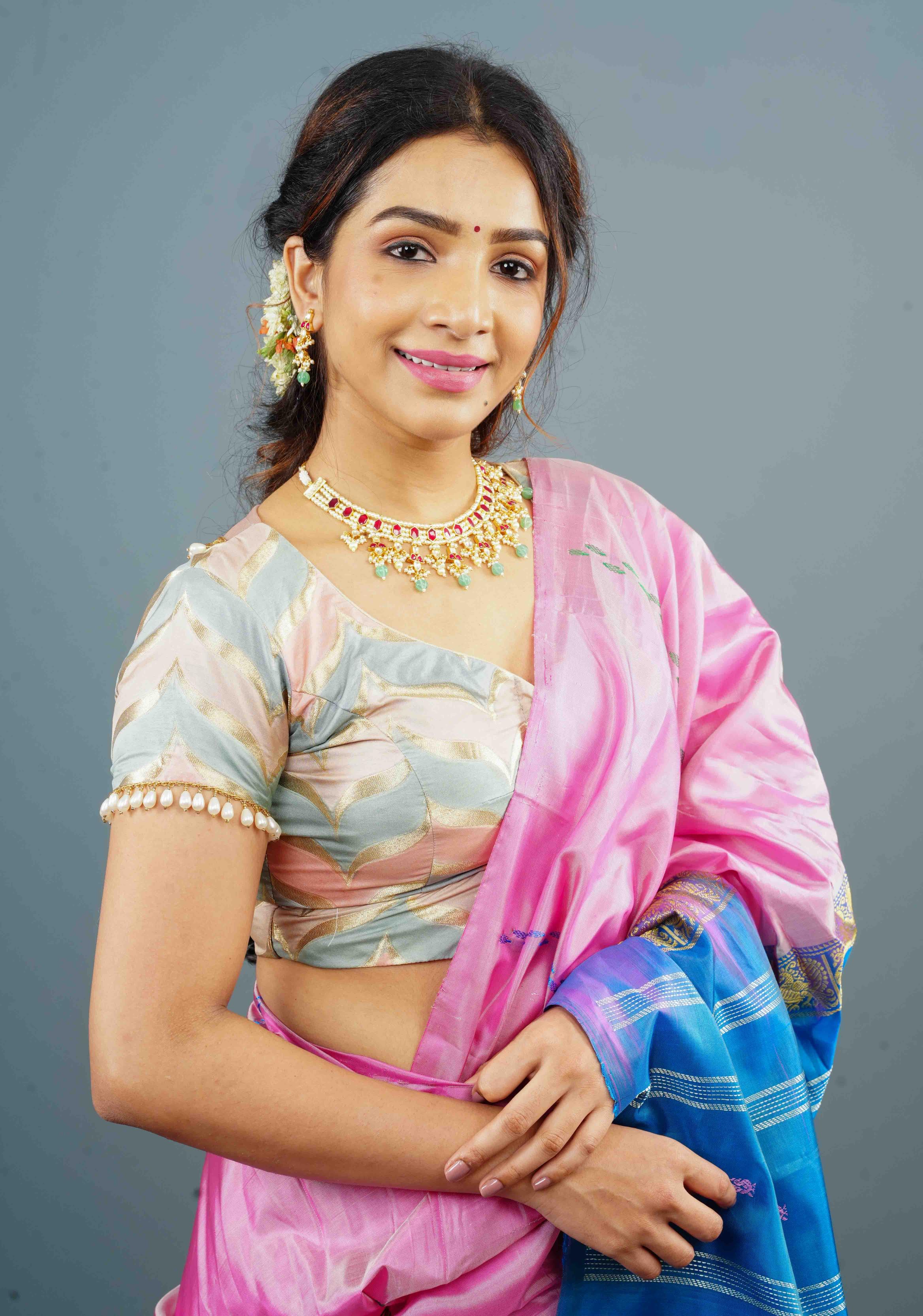 Banarasi Blouse in Gray Pink rangkaat designin pastel hues with beaded back detailing, Customizable, Made to Order | SHOBITAM