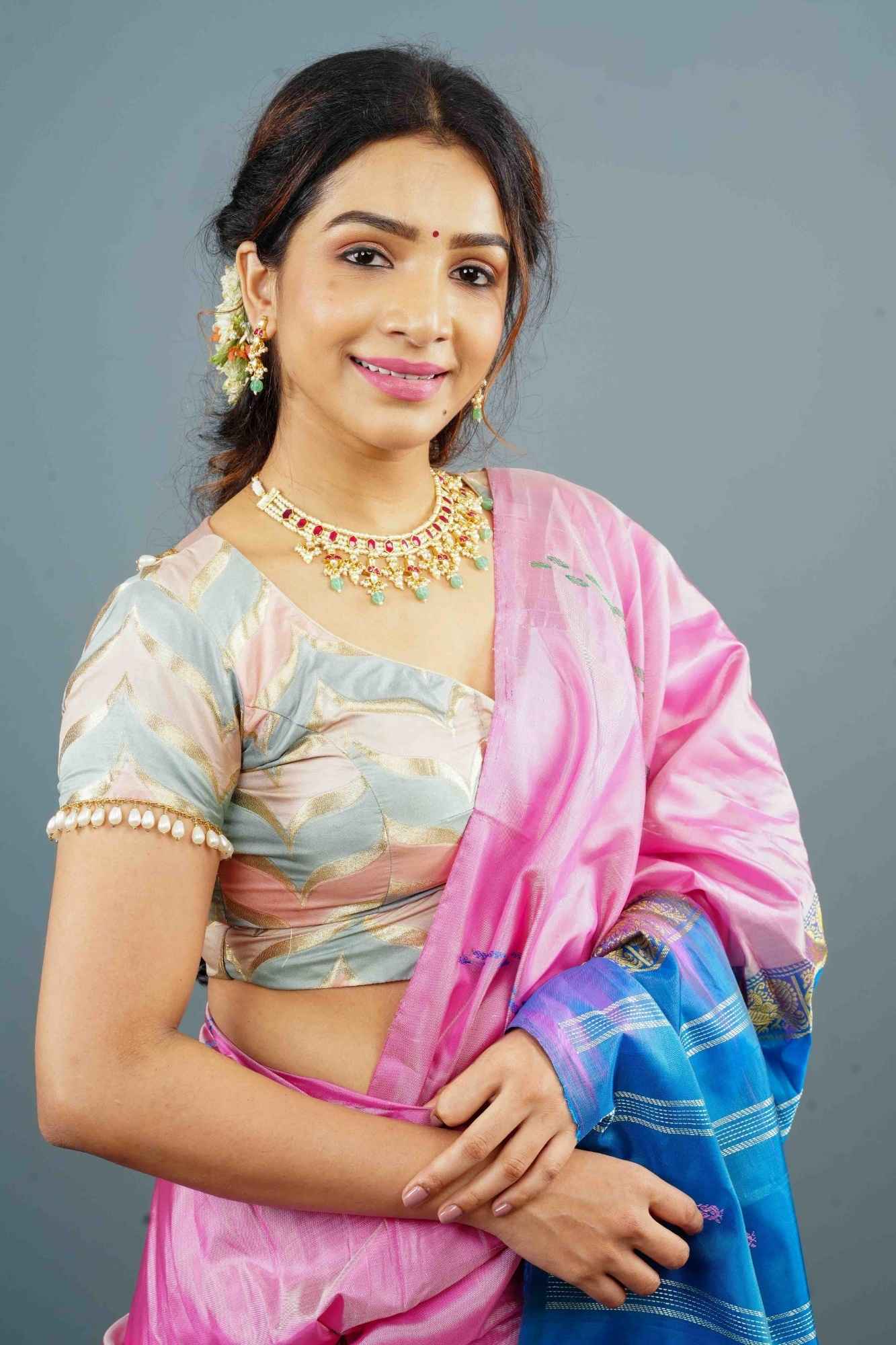 Banarasi Blouse in Gray Pink rangkaat designin pastel hues with beaded back detailing, Customizable, Made to Order