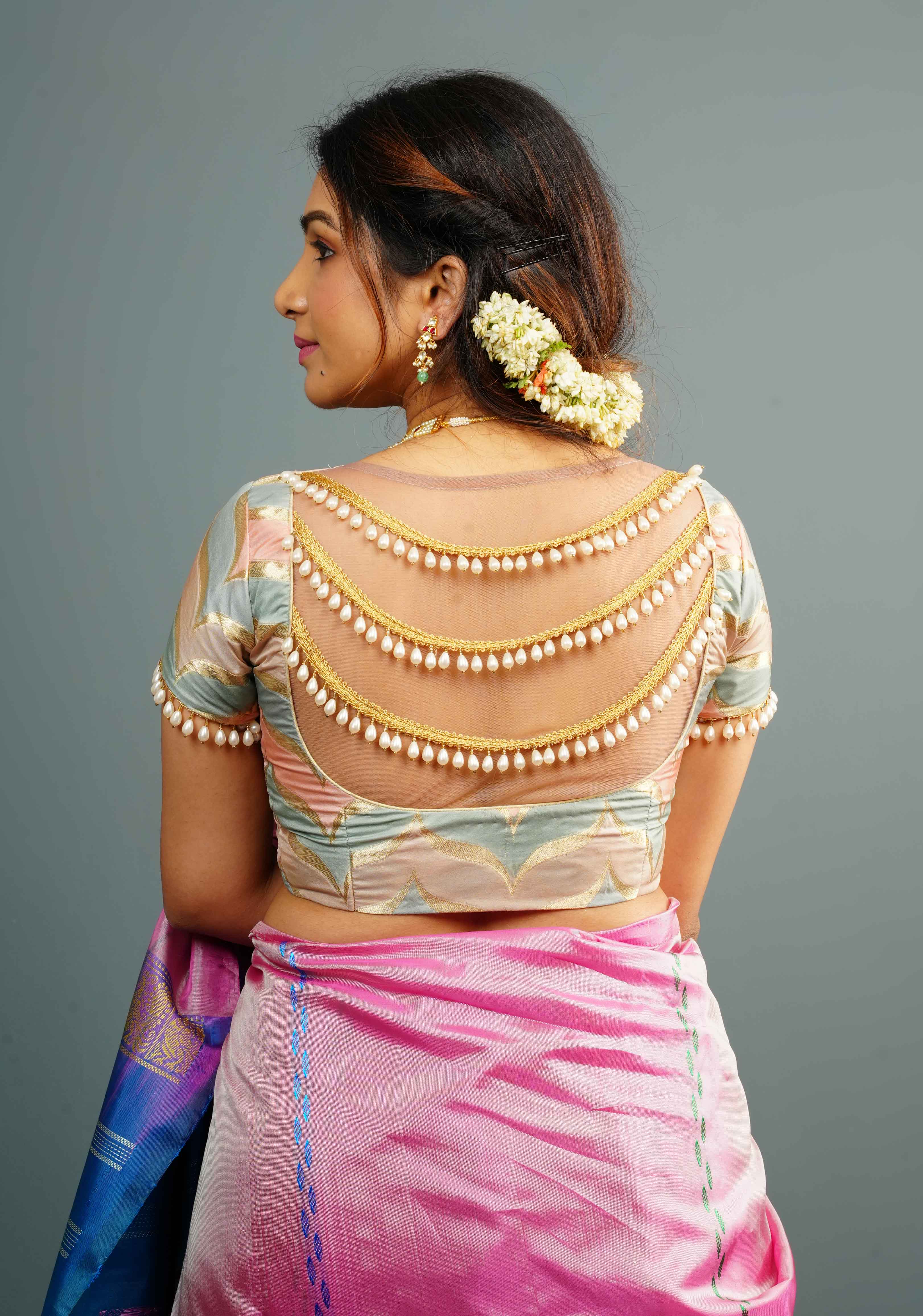 Banarasi Blouse in Gray Pink rangkaat designin pastel hues with beaded back detailing, Customizable, Made to Order | SHOBITAM