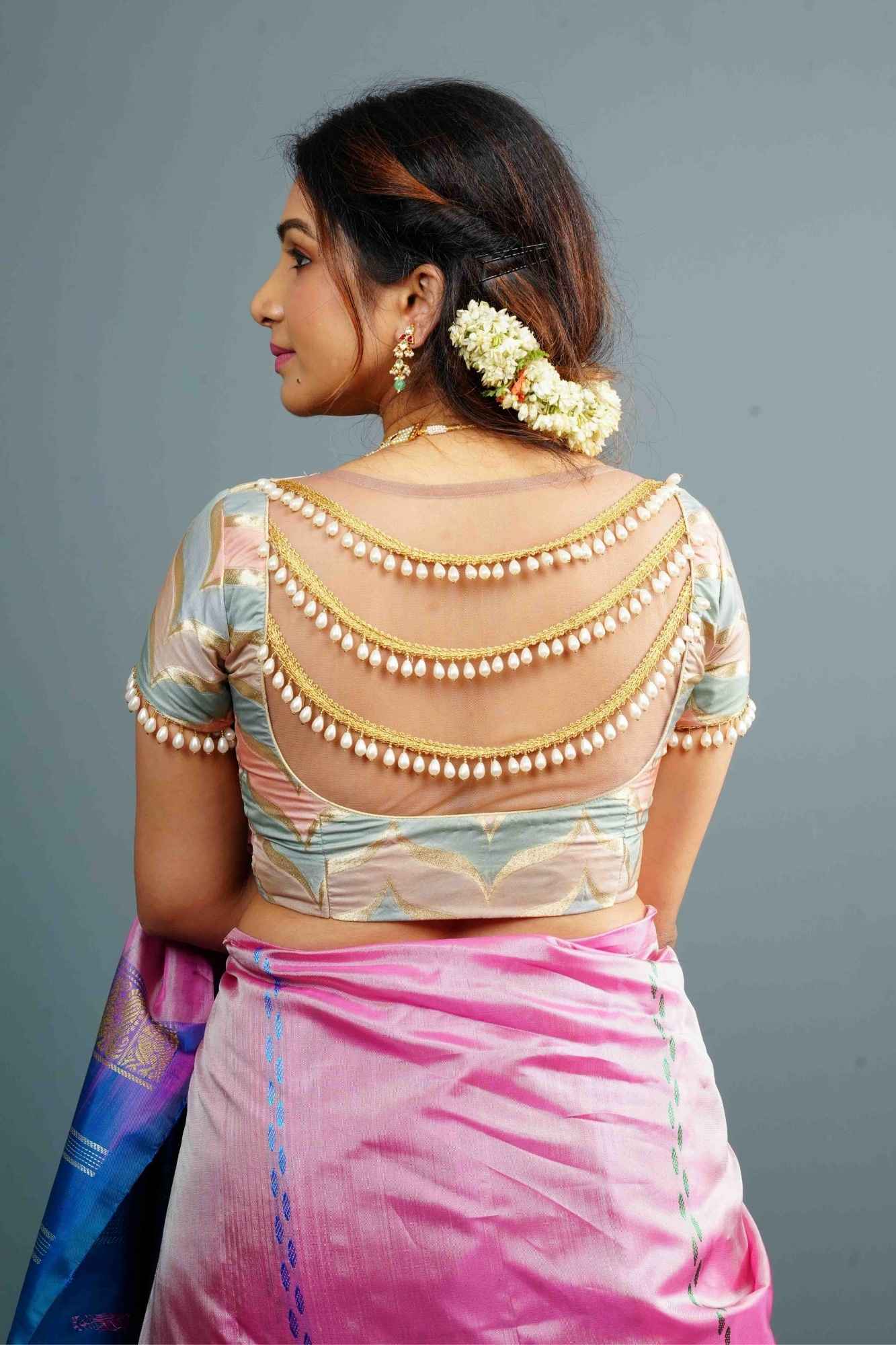 Banarasi Blouse in Gray Pink rangkaat designin pastel hues with beaded back detailing, Customizable, Made to Order