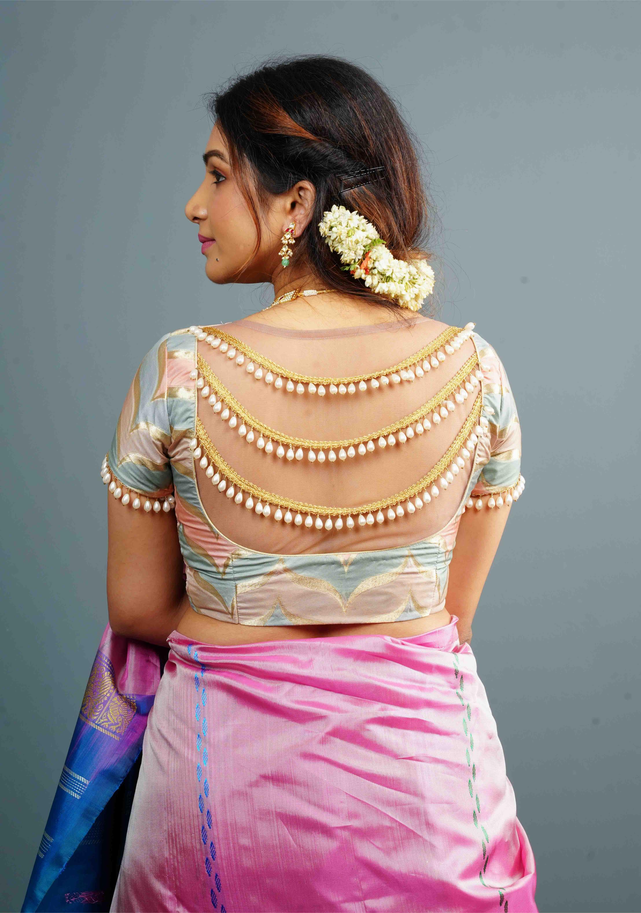 Banarasi Blouse in Gray Pink rangkaat designin pastel hues with beaded back detailing, Customizable, Made to Order | SHOBITAM