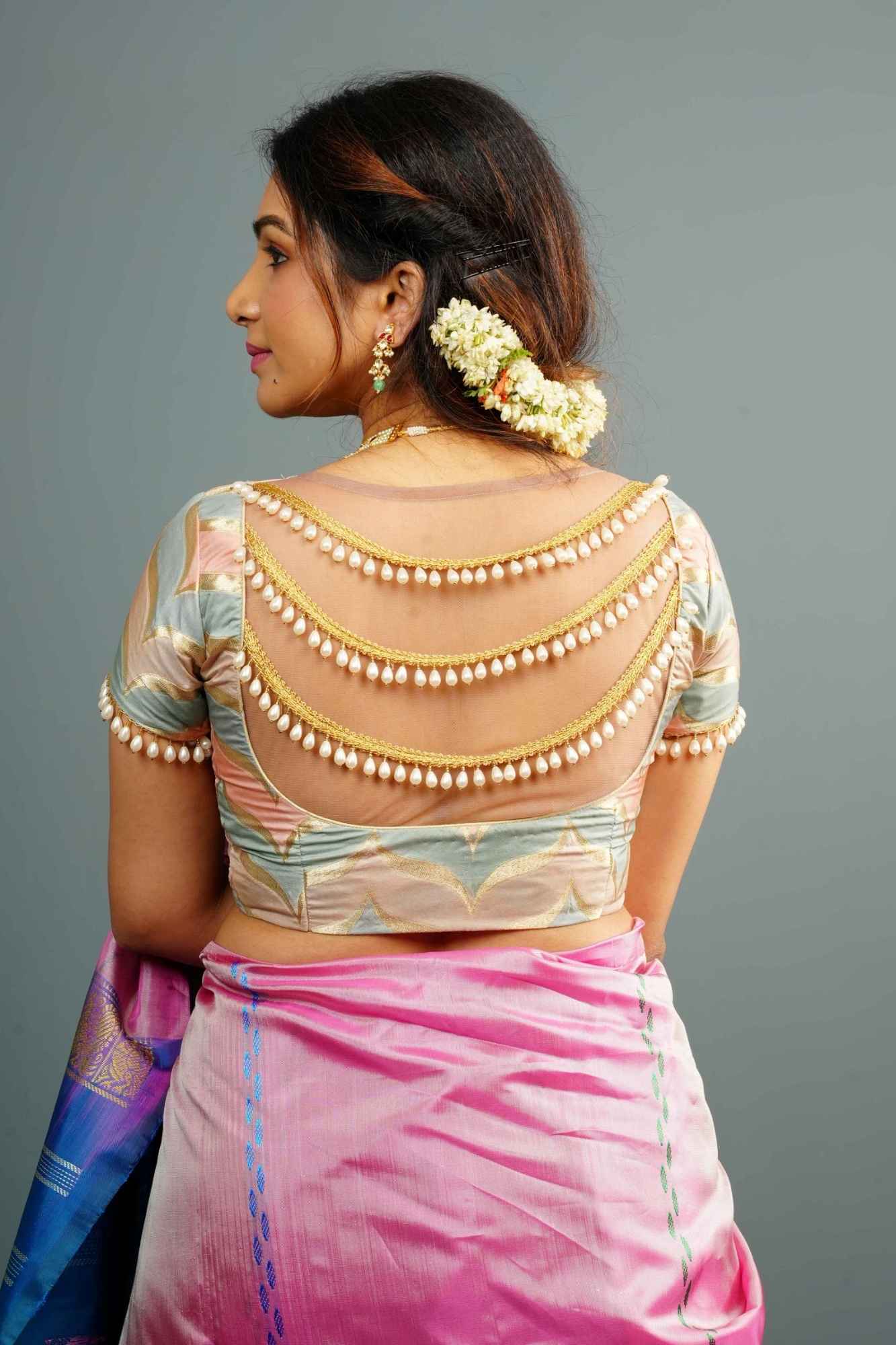 Banarasi Blouse in Gray Pink rangkaat designin pastel hues with beaded back detailing, Customizable, Made to Order